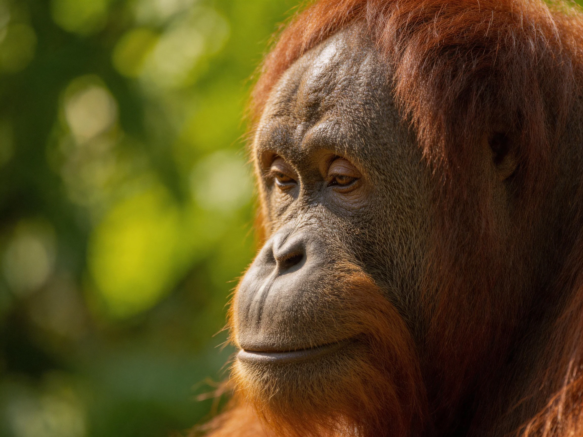 A close-up of an orangutan with reddish-brown fur amid green foliage