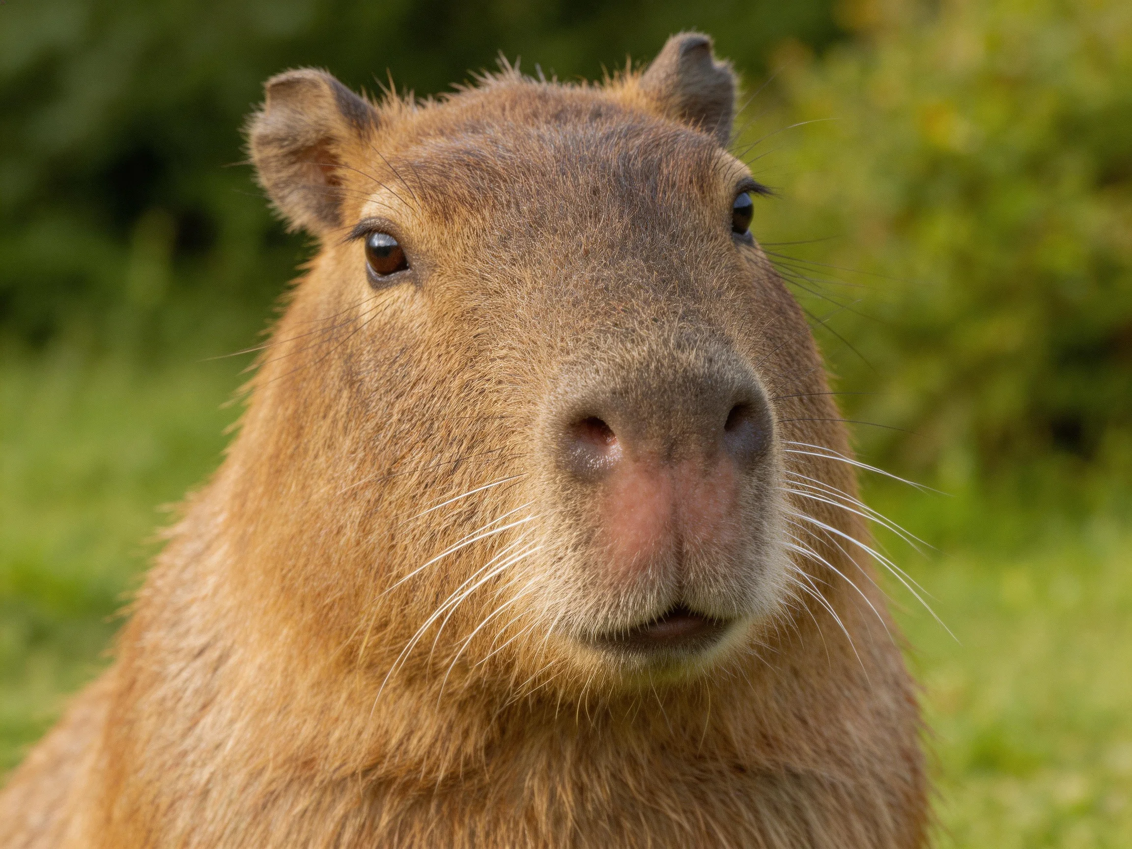 A close-up portrait of a brown capybara with lush green foliage behind