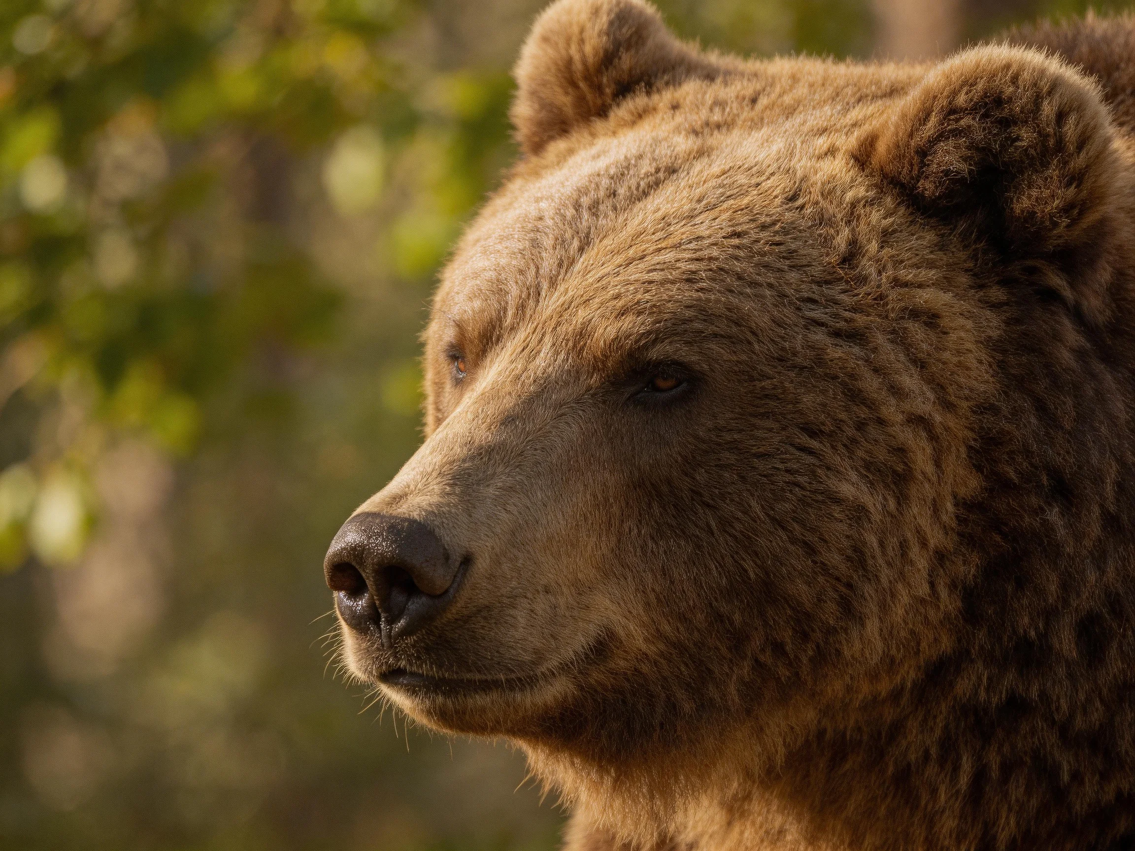 A close - up portrait of a brown grizzly bear in a sunlit forest