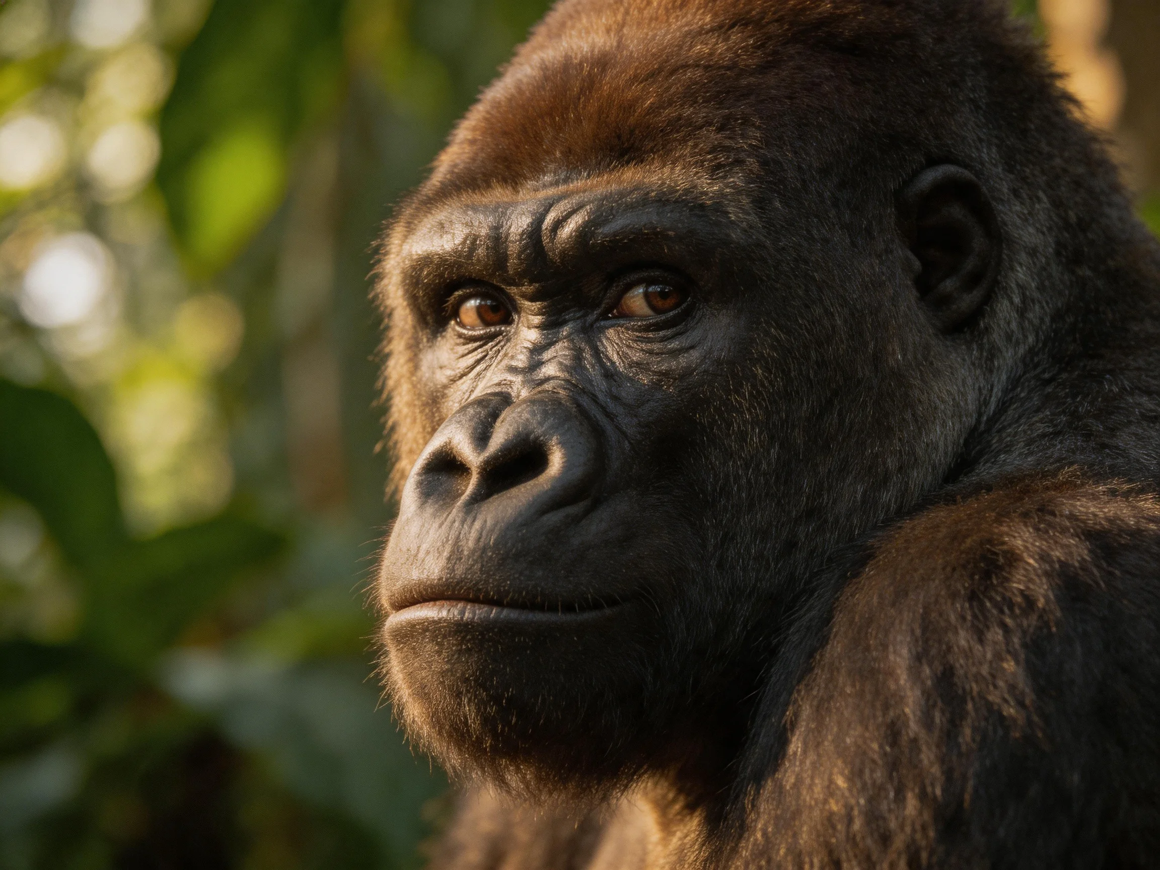 A close - up portrait of a dark brown gorilla in lush green surroundings