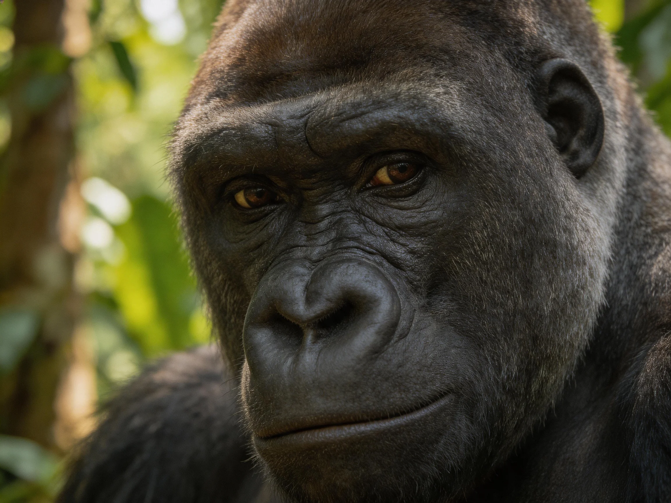 A close - up portrait of a dark - furred gorilla in a lush forest setting
