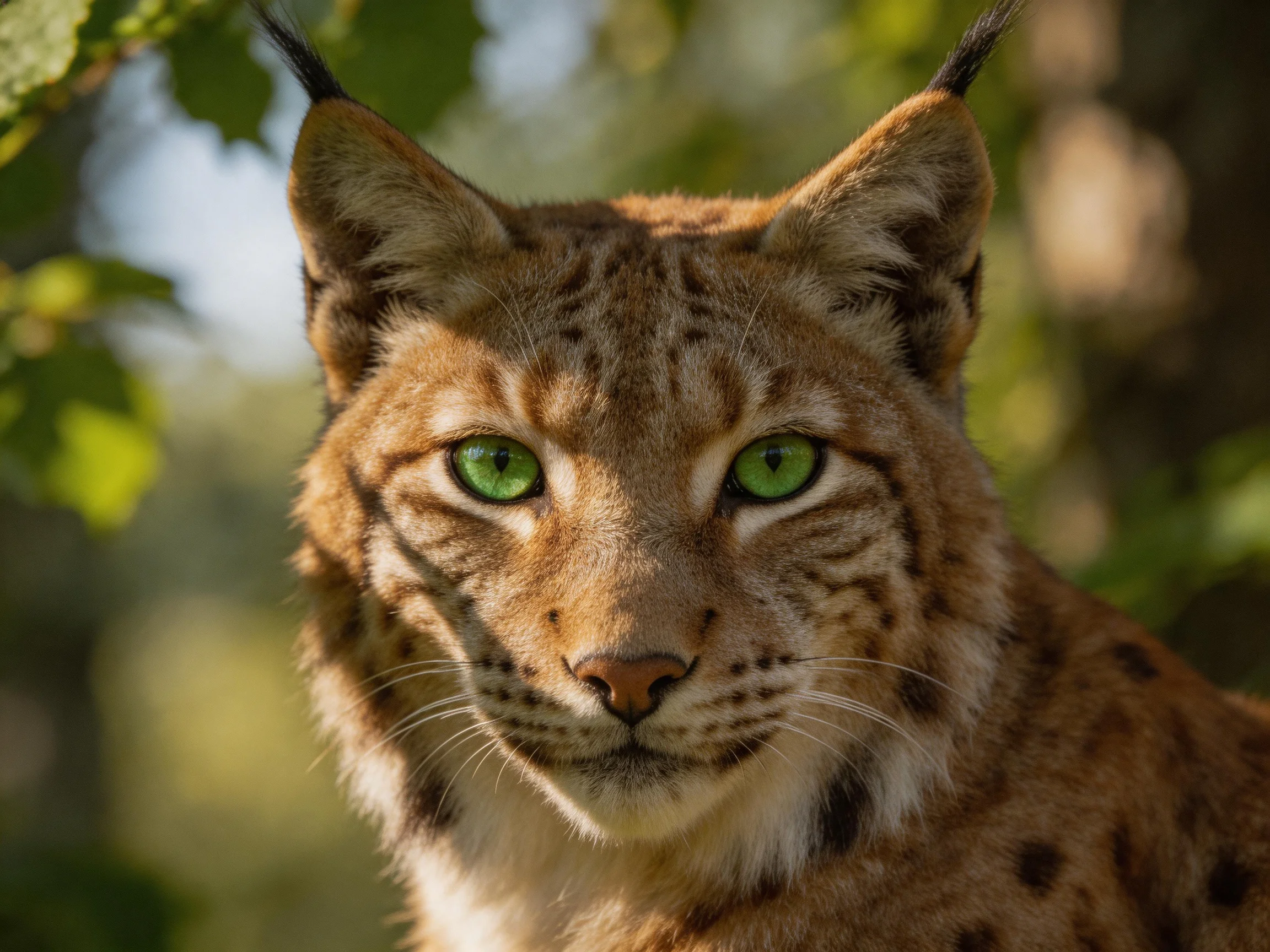 A close-up portrait of a lynx with vivid green eyes amid forest foliage