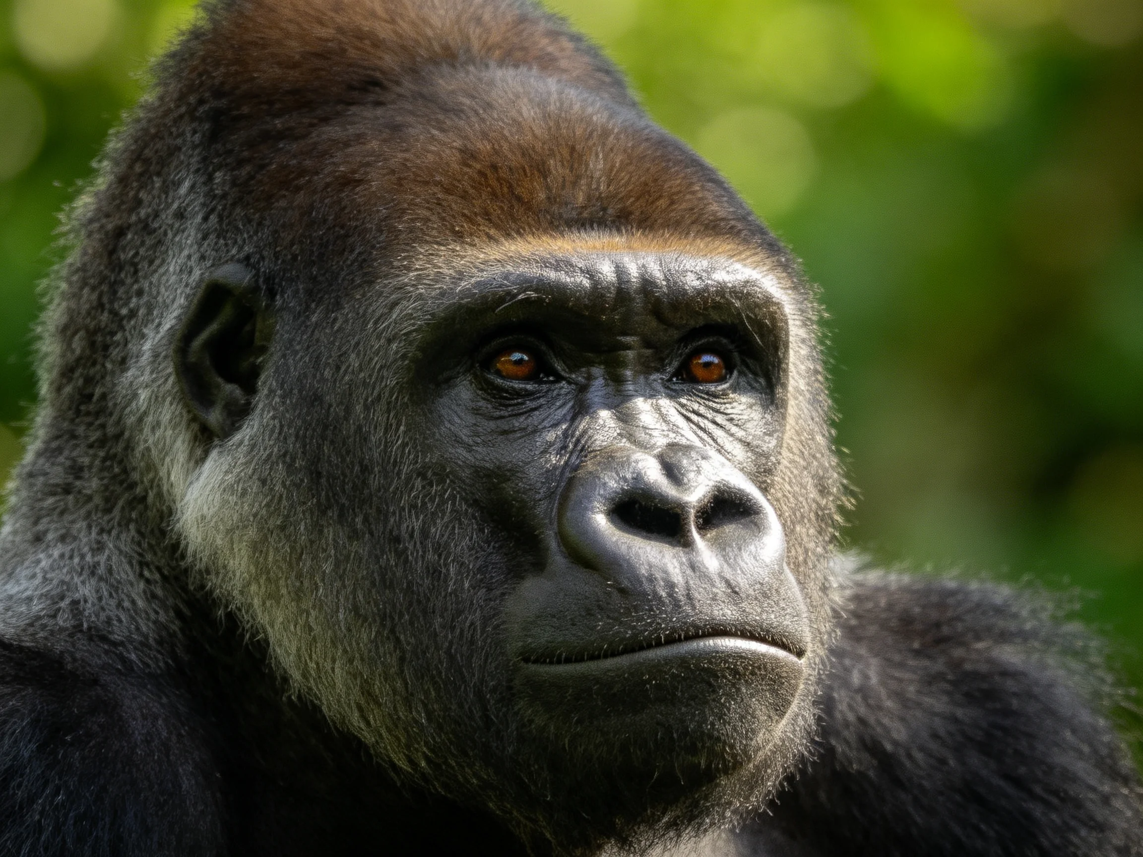 A mature silverback gorilla is shown in a close - up portrait with dark fur.