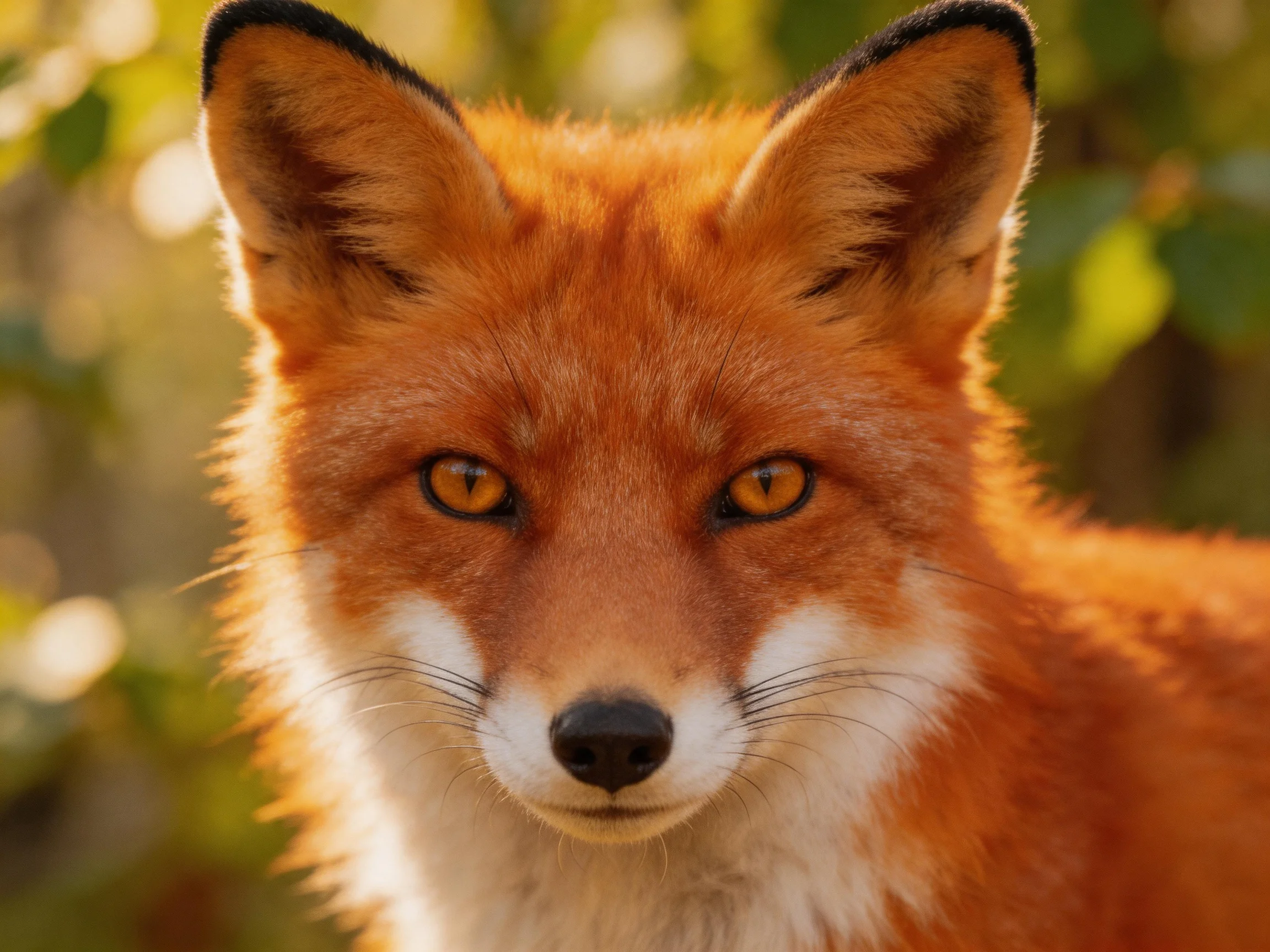 A red fox with amber eyes is shown in a sunlit natural setting.