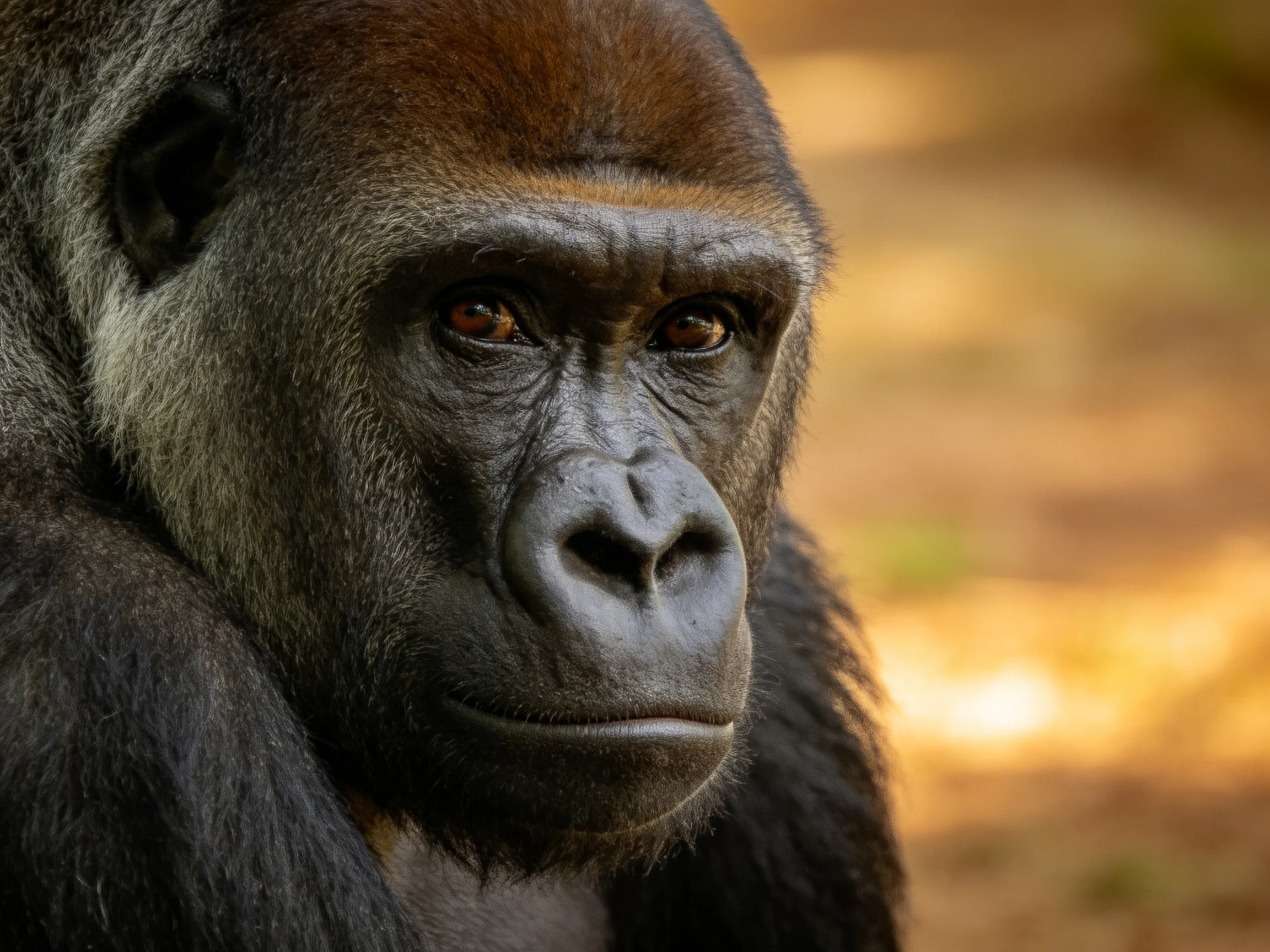 A close - up portrait of a silverback gorilla with dark fur and earthy tones