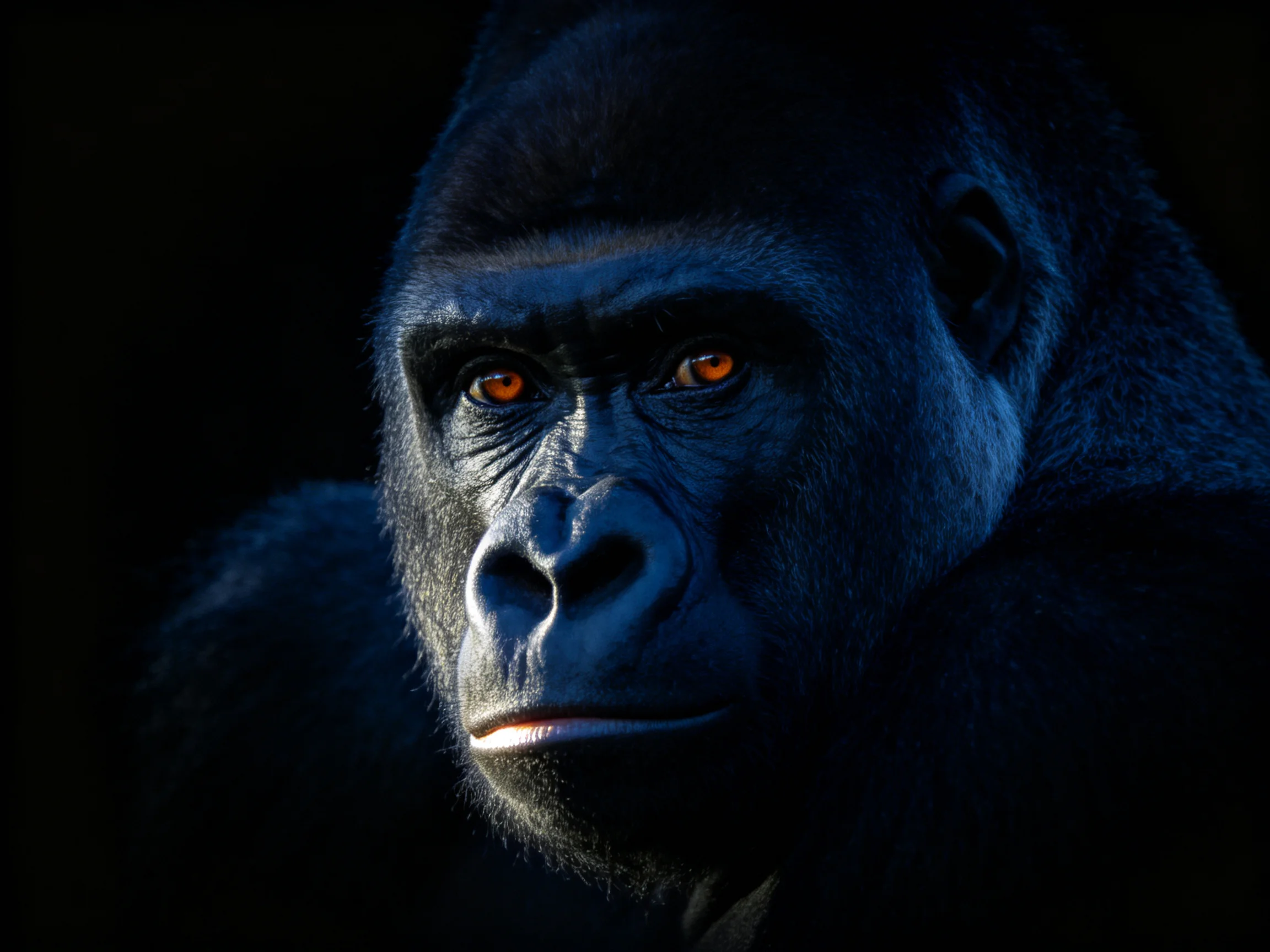 A close - up portrait of a silverback gorilla with intense orange eyes
