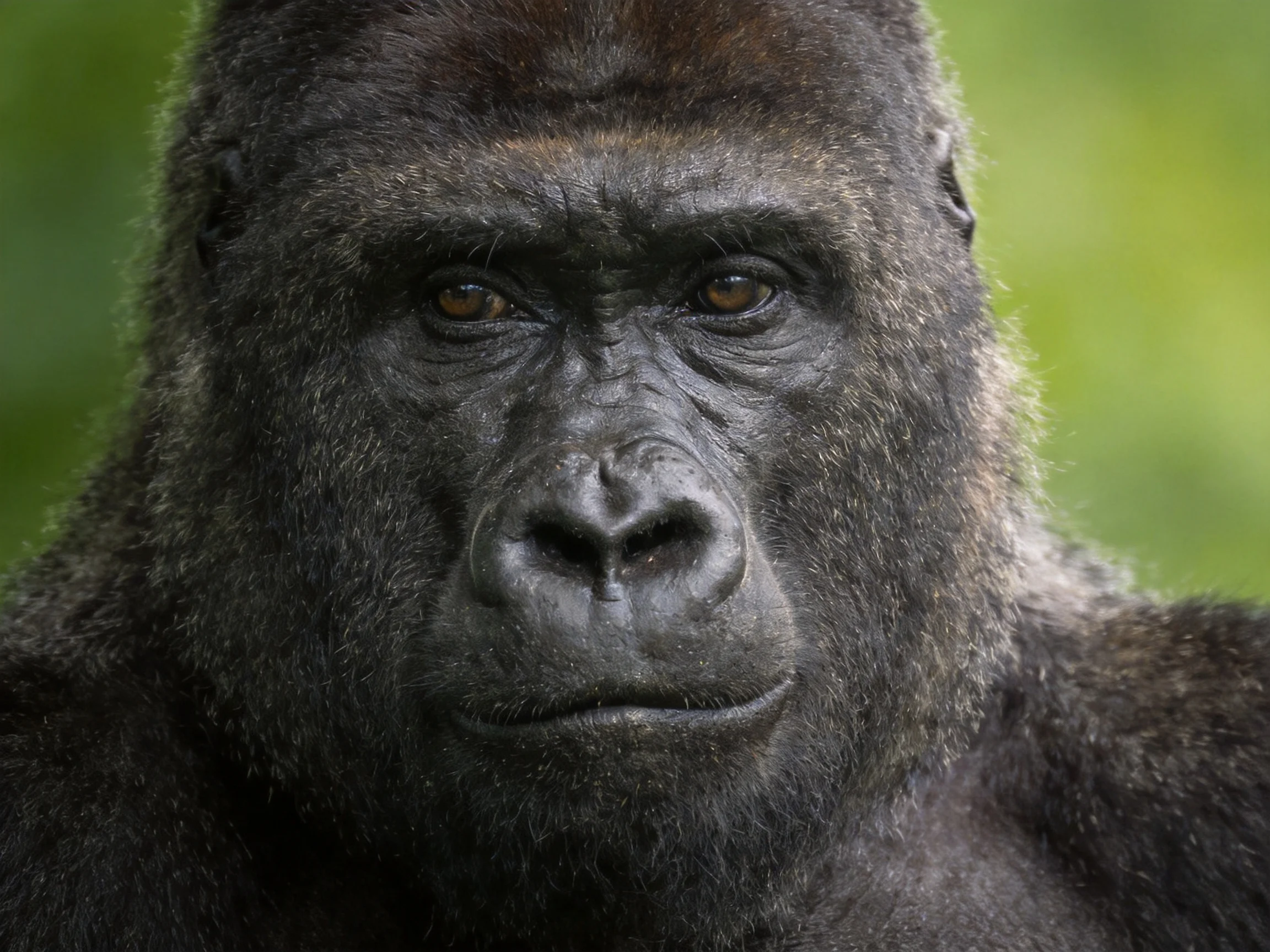 A close - up of a silverback gorilla’s face highlights its strength.