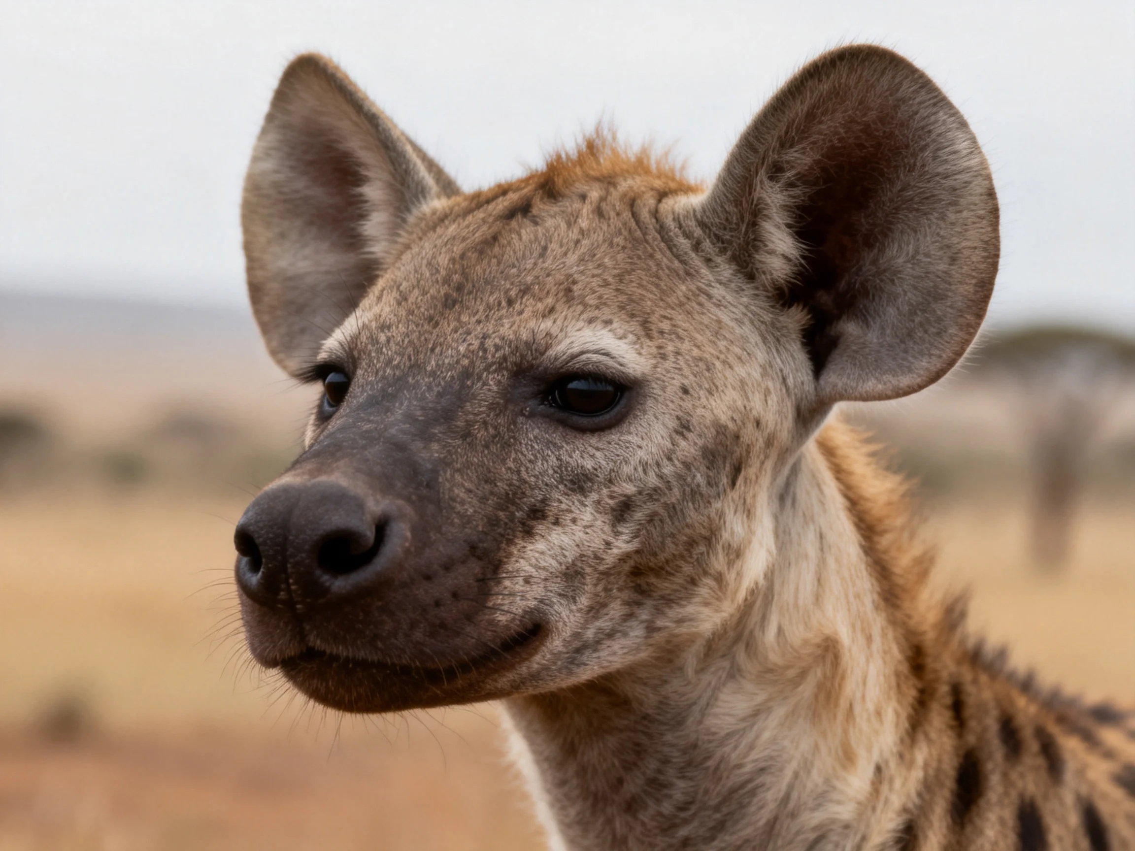 A spotted hyena with large ears is shown against a blurred savannah backdrop.