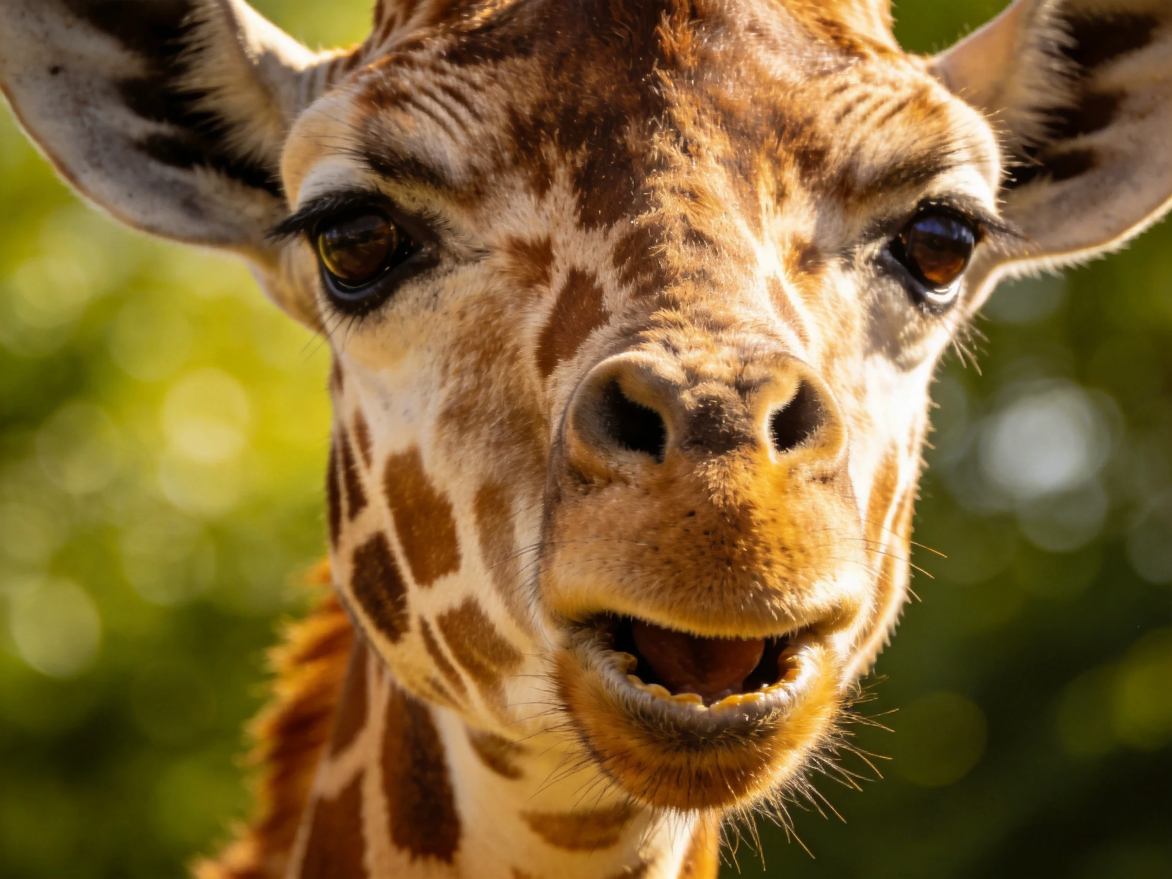 A close - up portrait of a young giraffe with brown and white patches