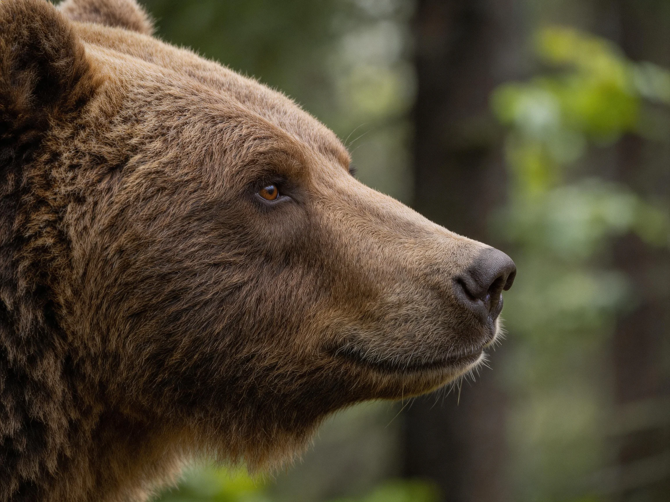 A close-up profile of a brown grizzly bear in a forest setting