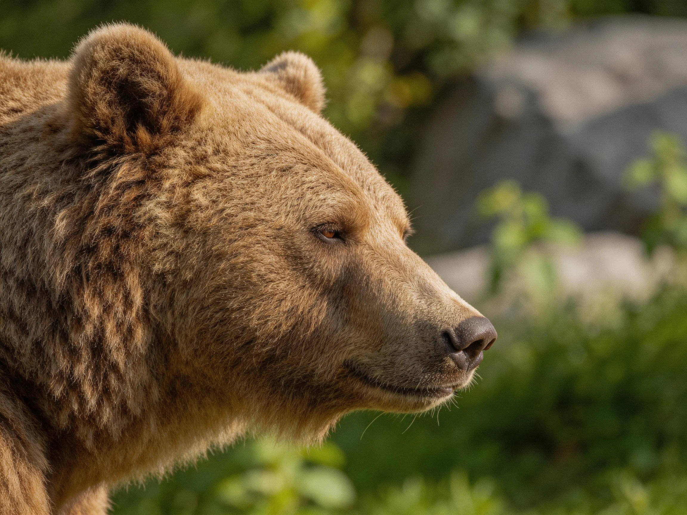 A close - up profile of a brown grizzly bear in a green, rocky environment