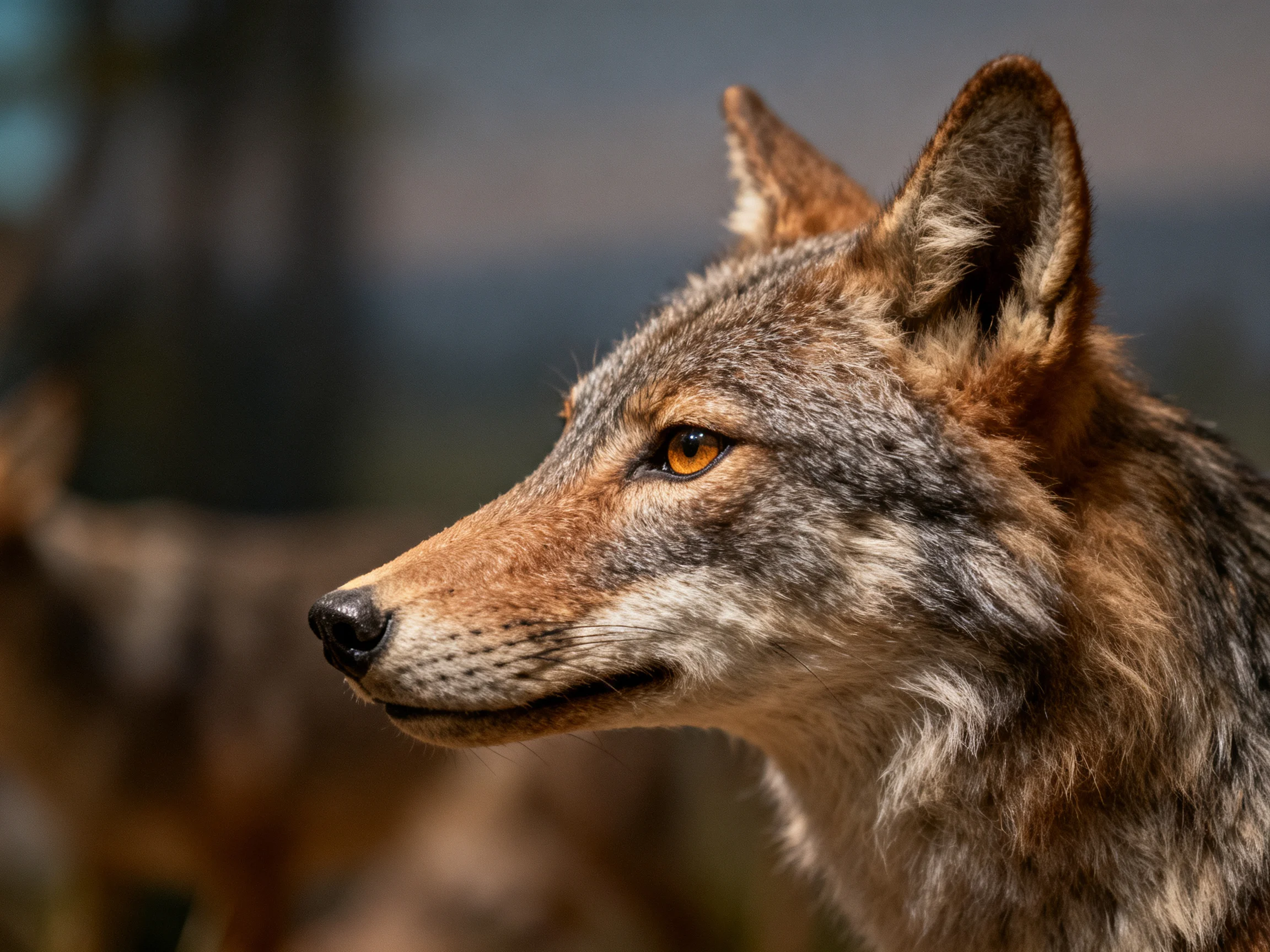 A close - up profile of a gray - brown wild canine with amber eyes