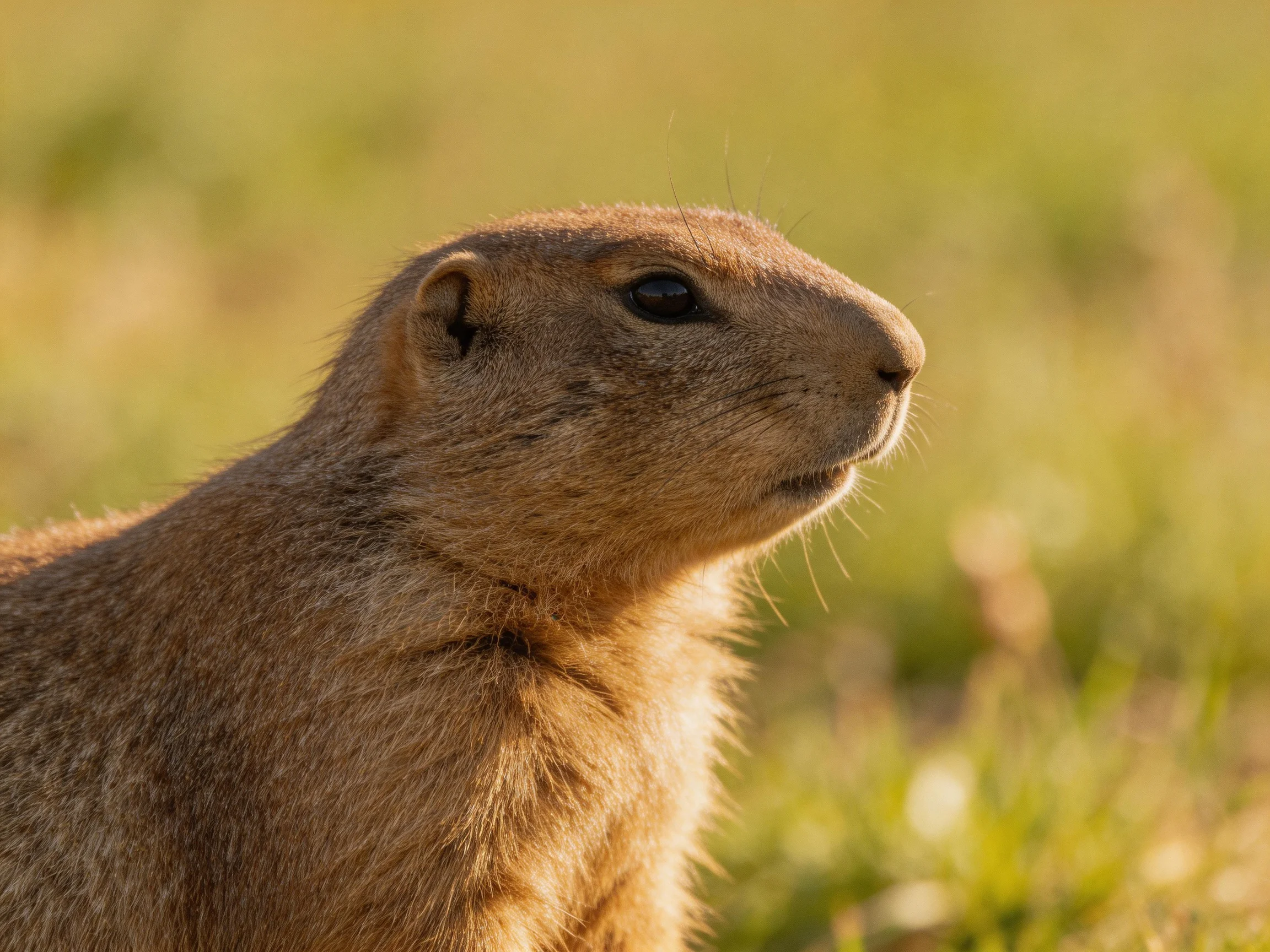 A close-up up of a tan prairie dog in a sunlit meadow