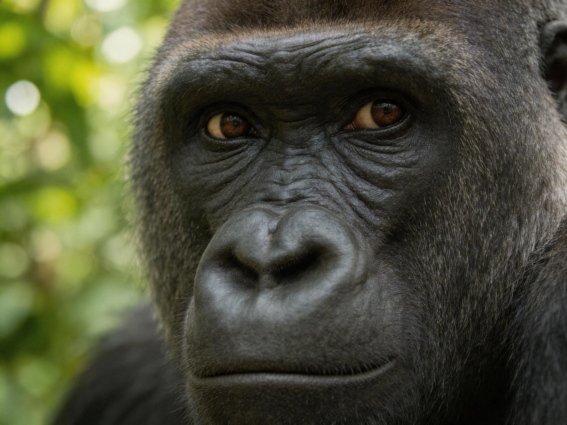 A close - up view of a dark - skinned gorilla in a lush green environment