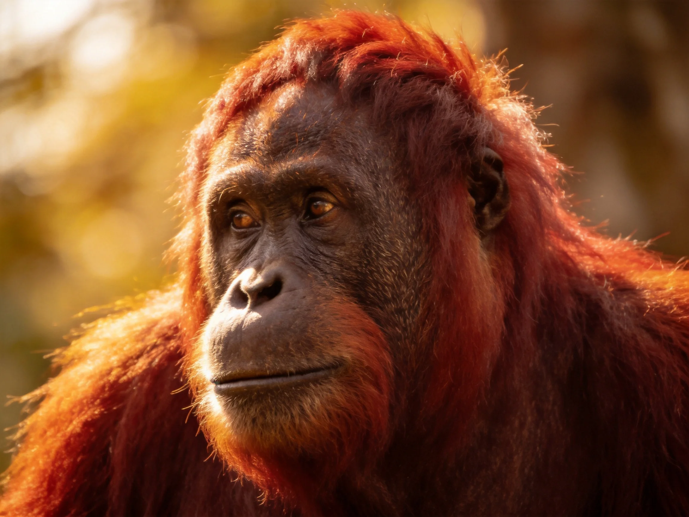 A close-up view of an orangutan with reddish-brown shaggy fur
