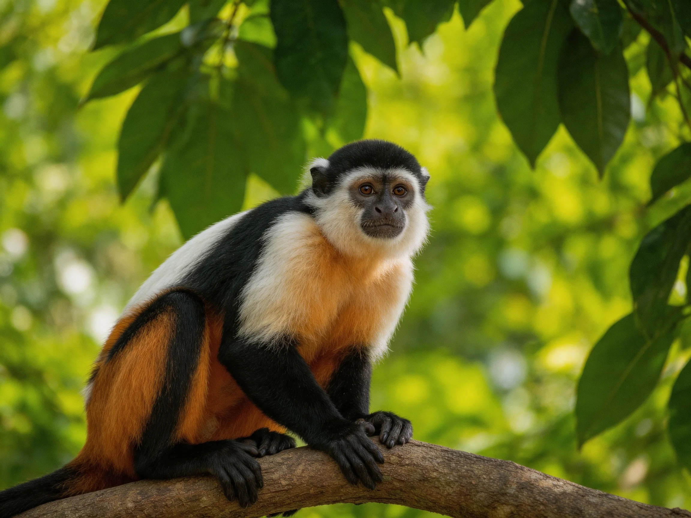 A colorful monkey with black, white, and orange fur sitting on a tree branch