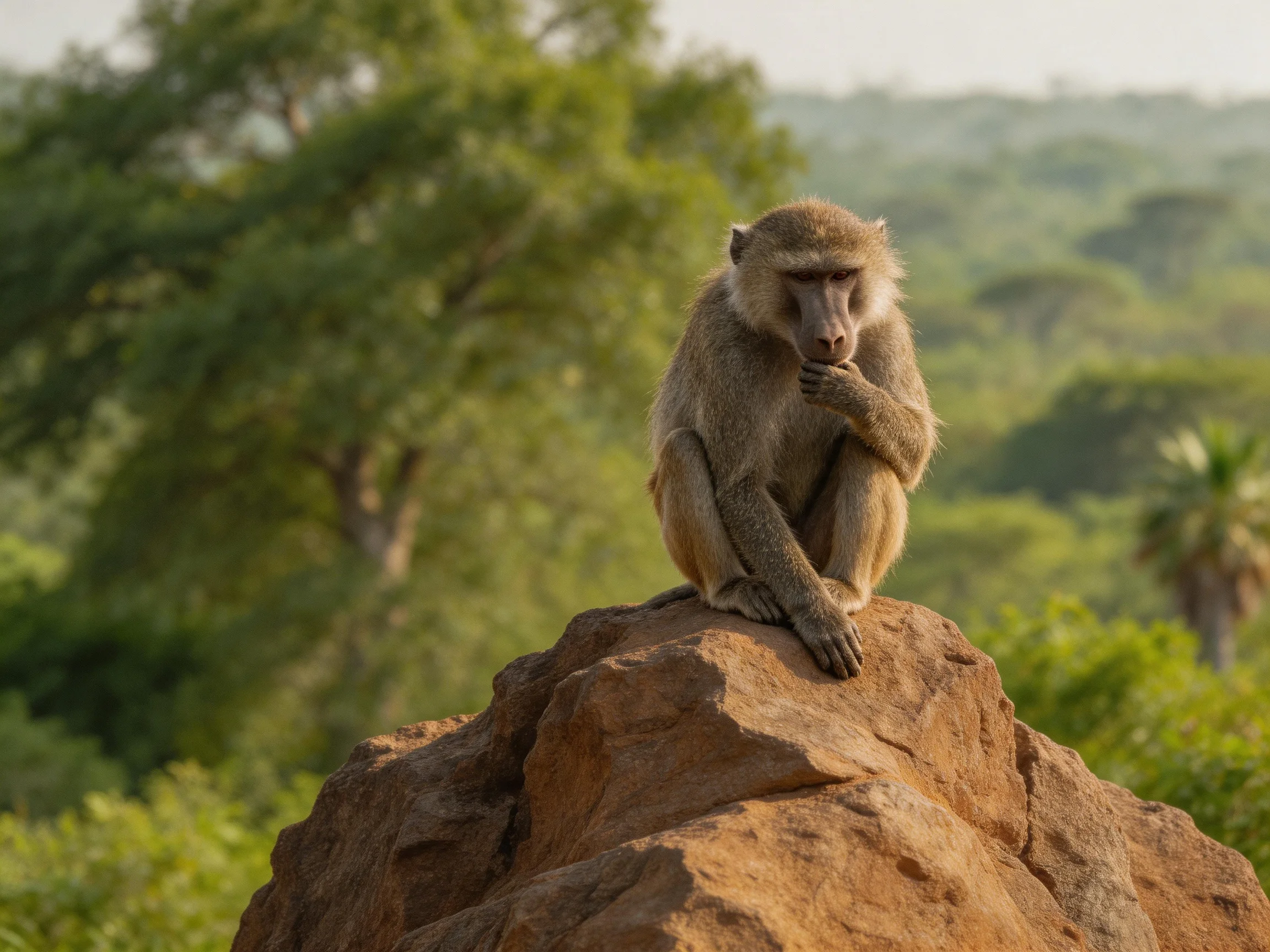 A contemplative baboon perched on a reddish-brown rock surrounded by dense green vegetation.