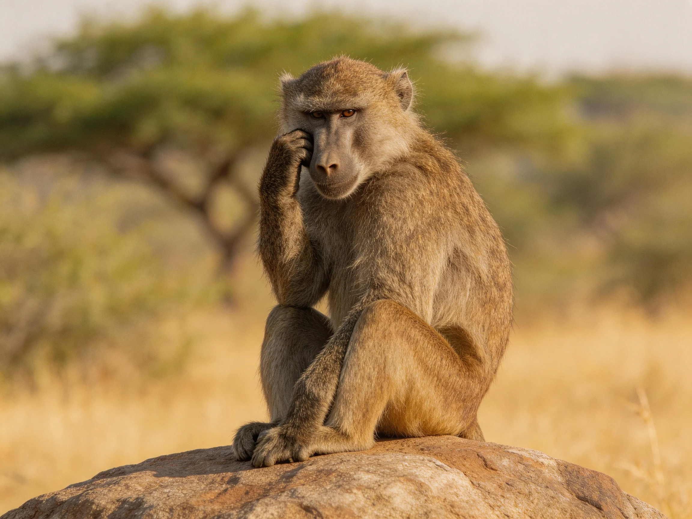 A contemplative baboon sits on a rock in a sunlit savannah.