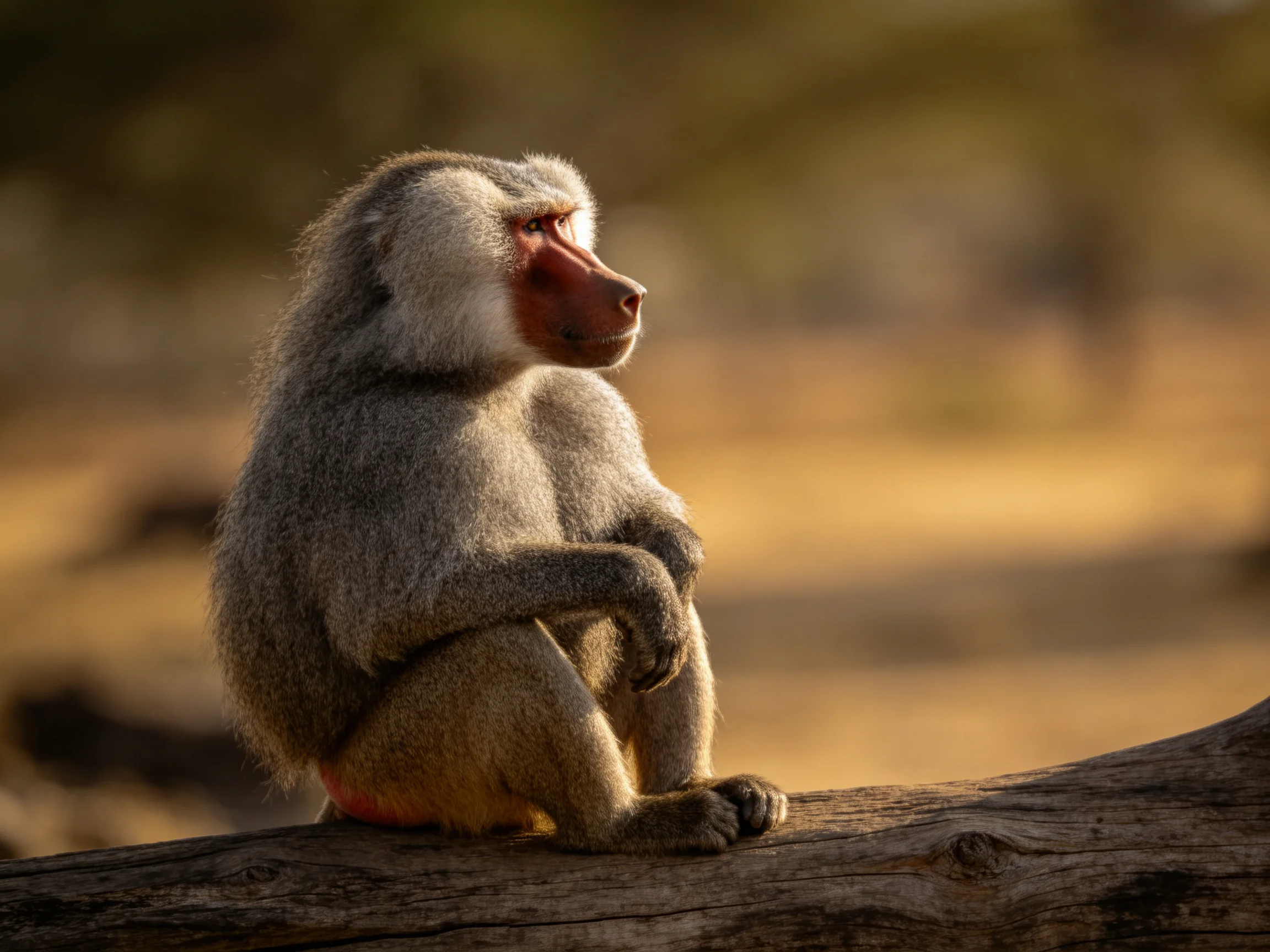 A contemplative baboon sits on a weathered log under golden sunlight