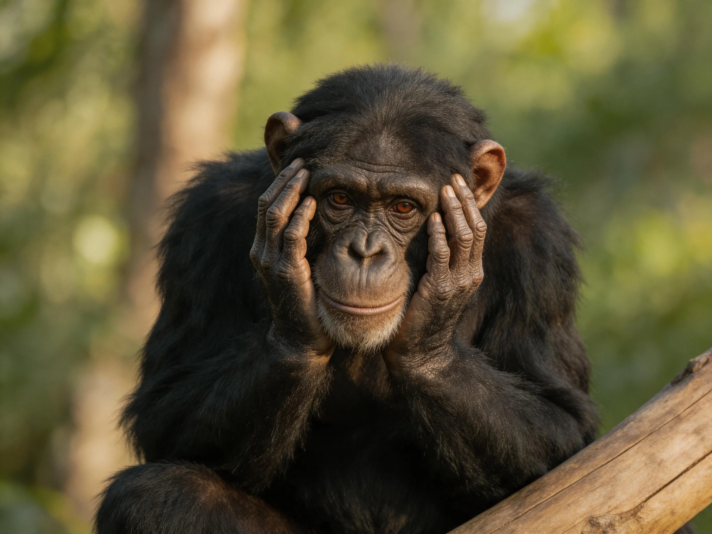 A contemplative black-furred chimpanzee resting on a wooden branch