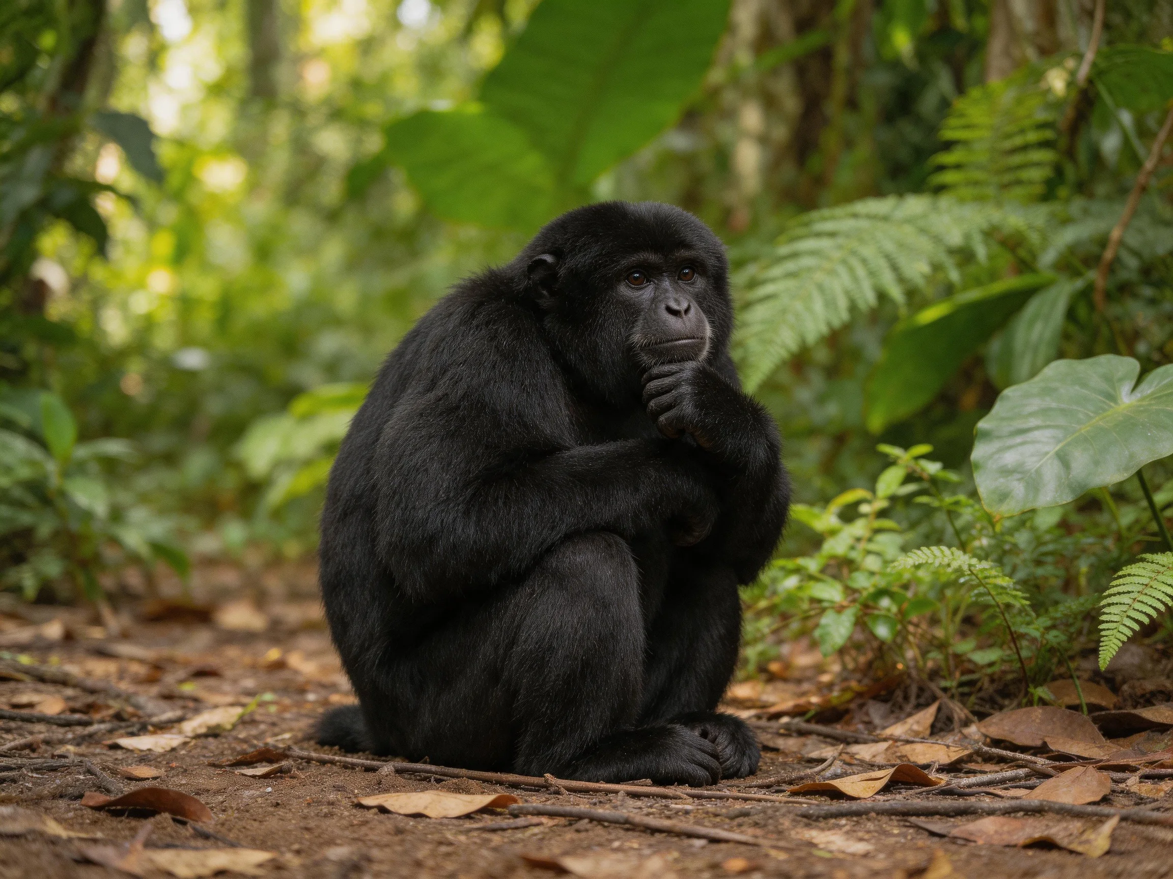 A contemplative black primate sits amid lush green foliage