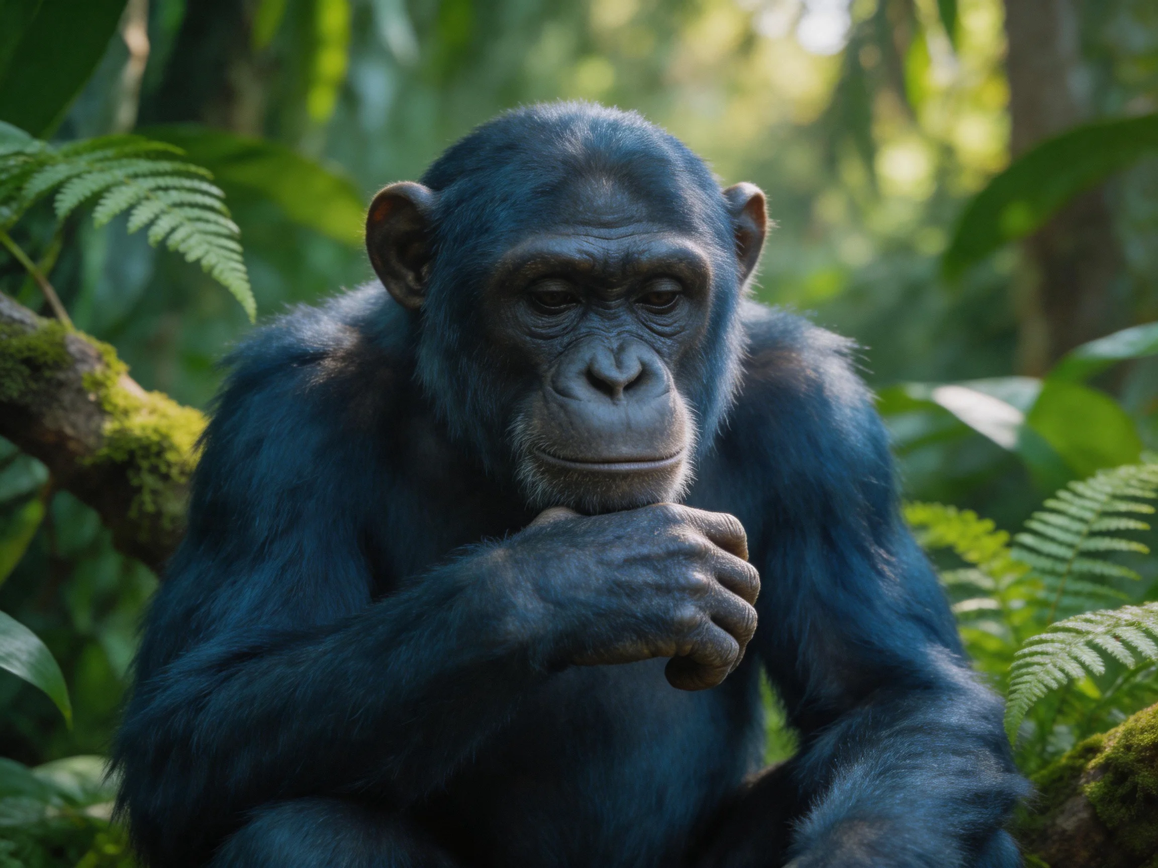A contemplative blue chimpanzee sits among lush greenery in a forest