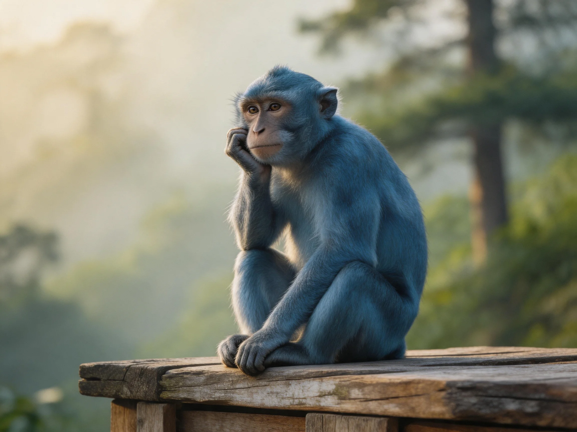 A blue monkey sits thoughtfully on a wooden platform in a misty forest.