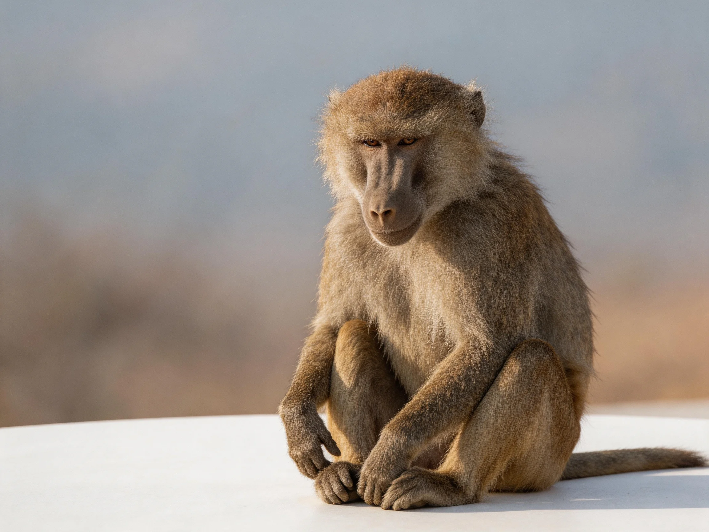 A contemplative brown baboon sits thoughtfully on a white surface outdoors