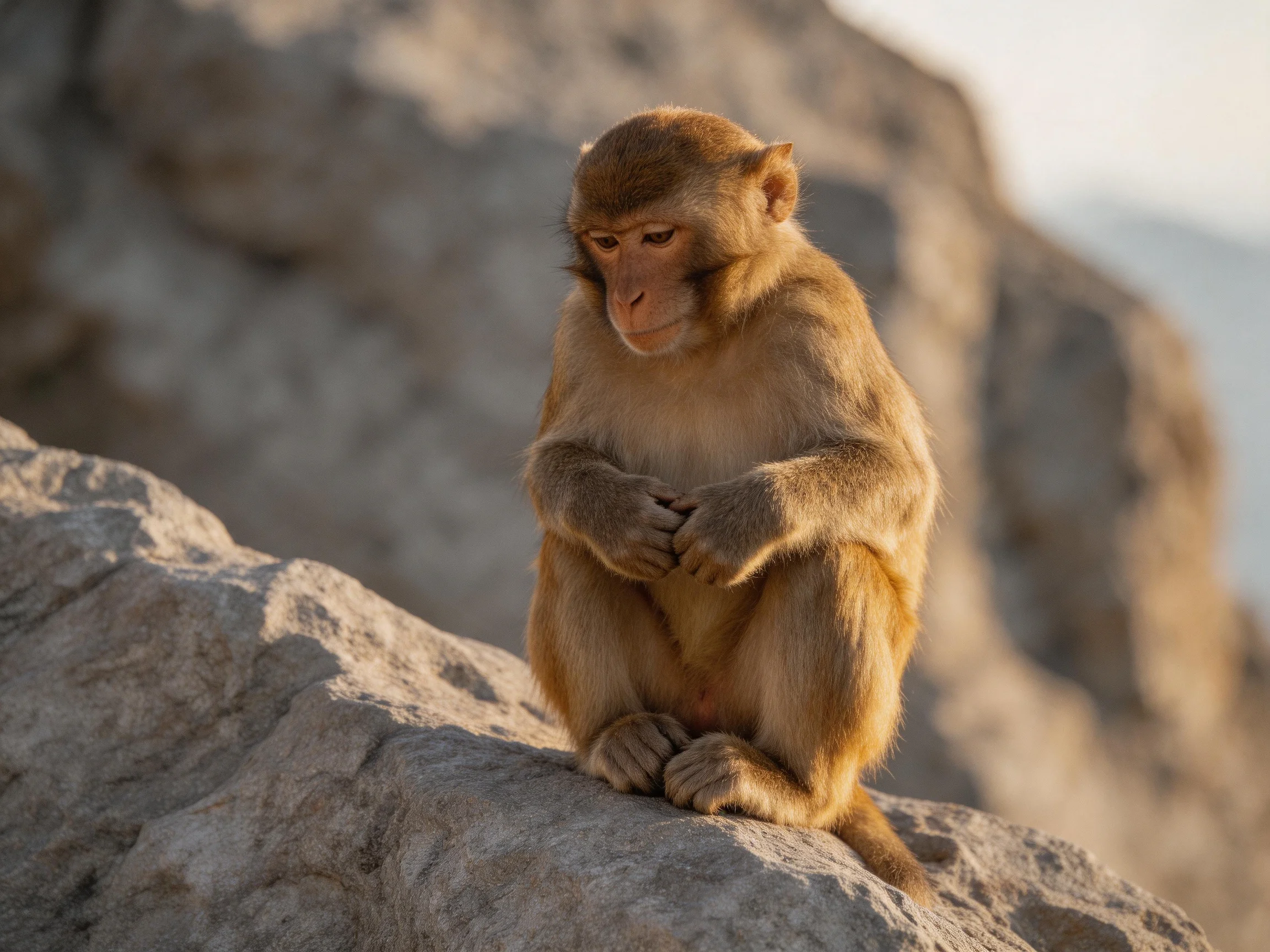 A contemplative brown monkey perched on rugged gray rocks