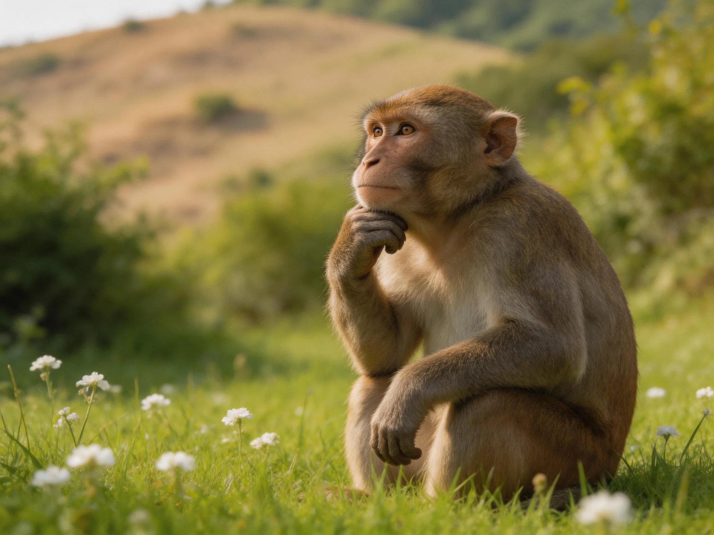 A monkey sits thoughtfully in a grassy field dotted with white flowers