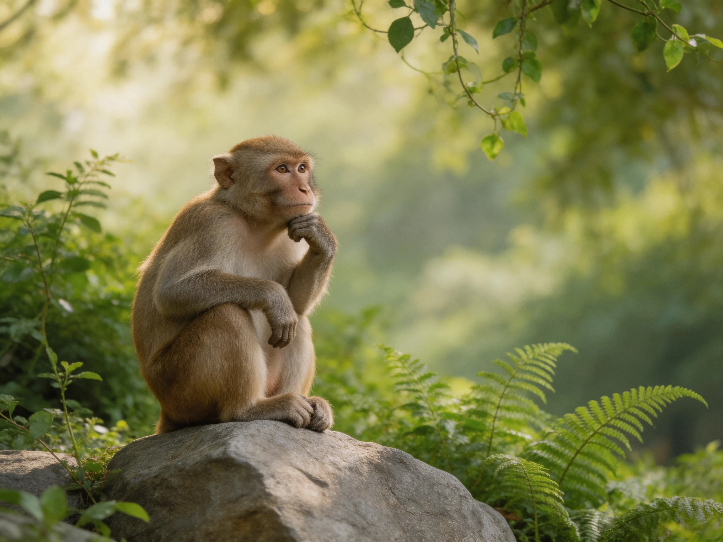 A brown monkey thoughtfully sits on a gray rock in a lush green forest.