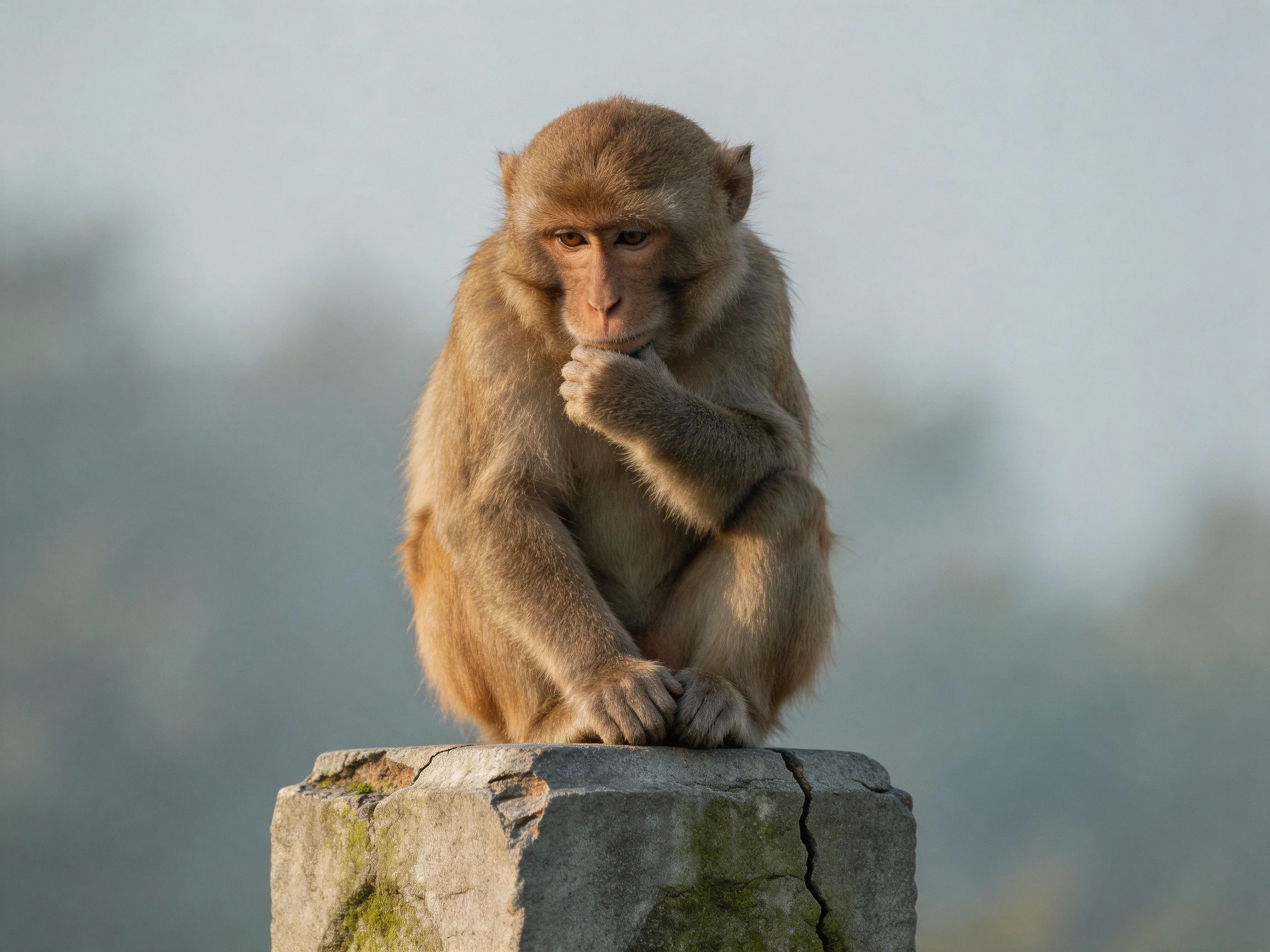 A contemplative brown monkey sits atop an aged stone post
