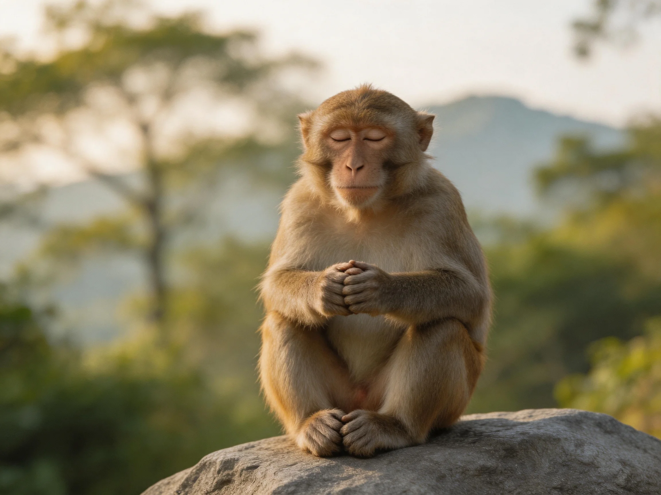 A contemplative brown monkey sits cross-legged on a large gray rock