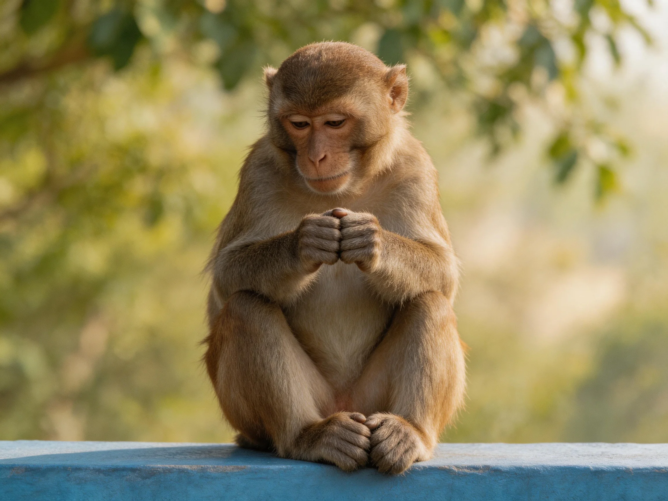 A monkey sits thoughtfully on a blue ledge in nature.
