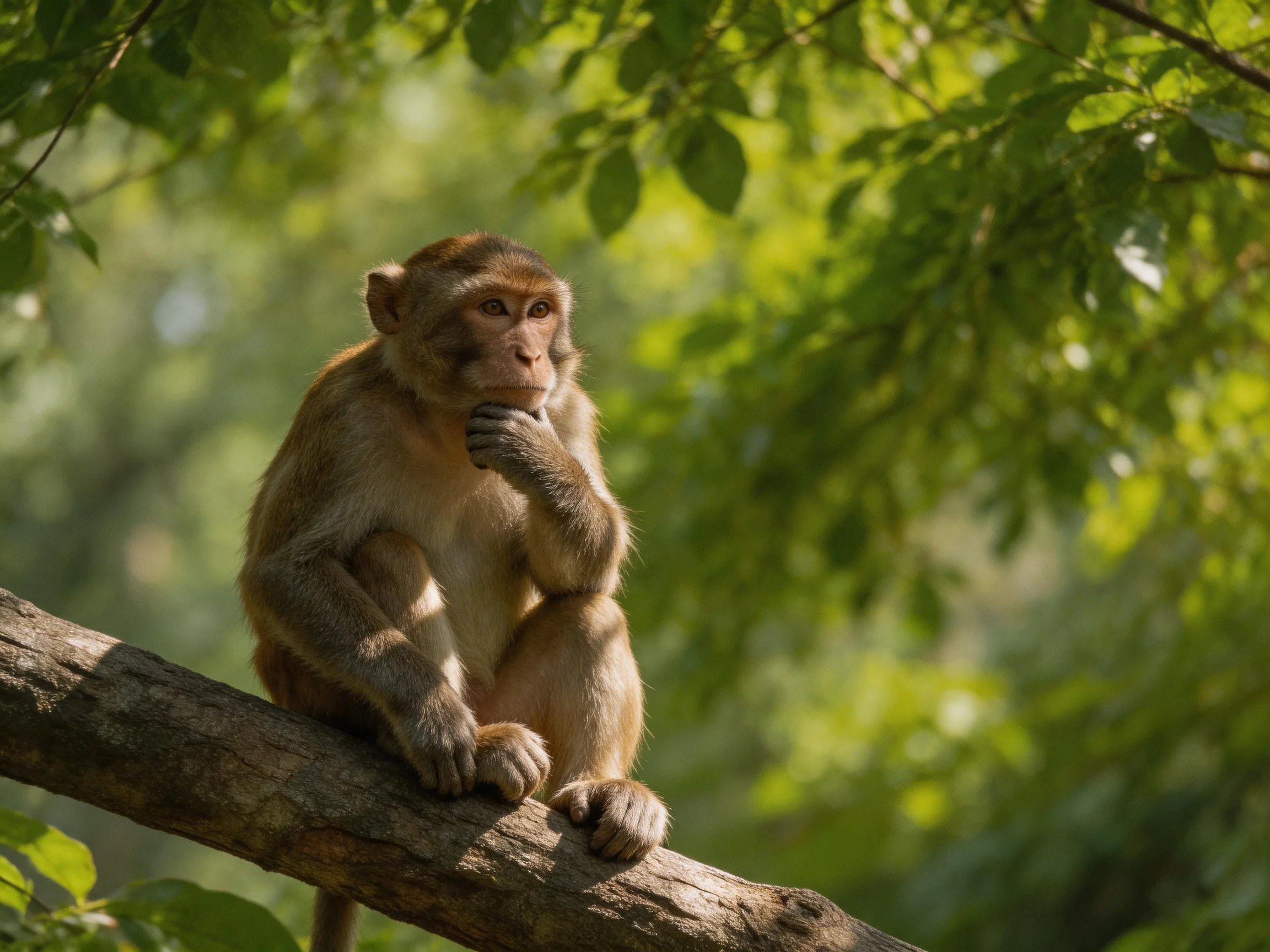 A monkey sits thoughtfully on a tree branch in a leafy forest.