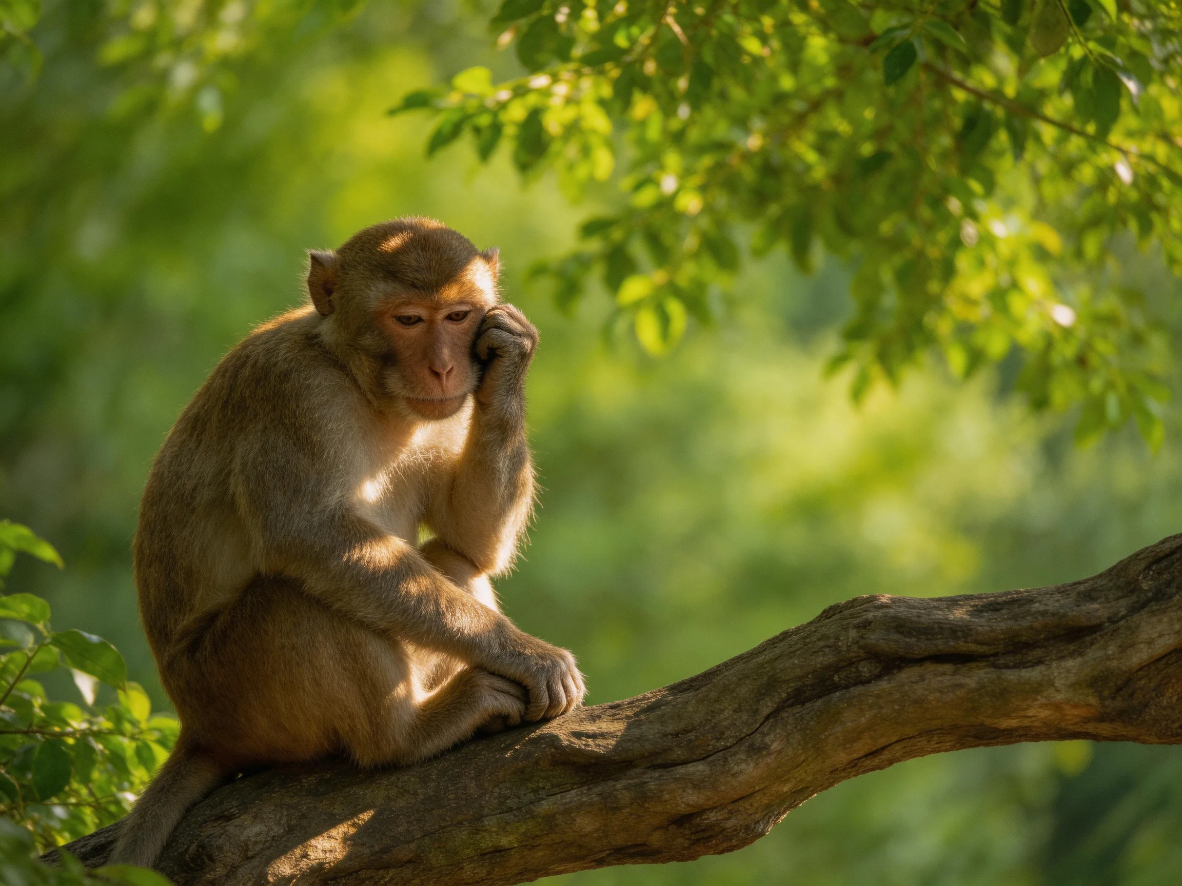 A contemplative brown monkey sits on a gnarled tree branch amidst dense green foliage