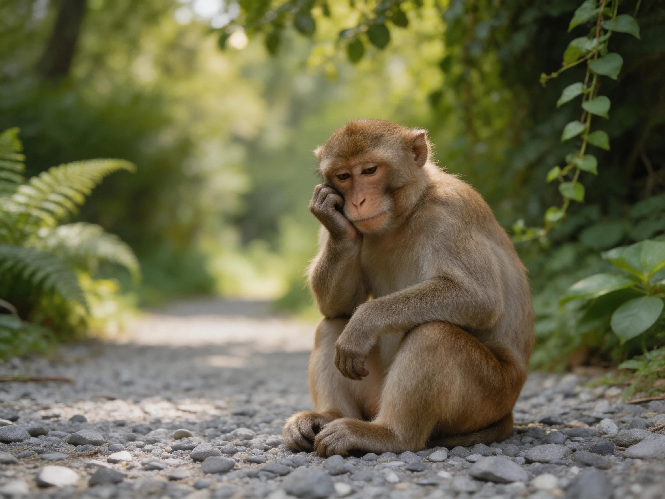A contemplative brown monkey sits on a gravel path amid lush green foliage