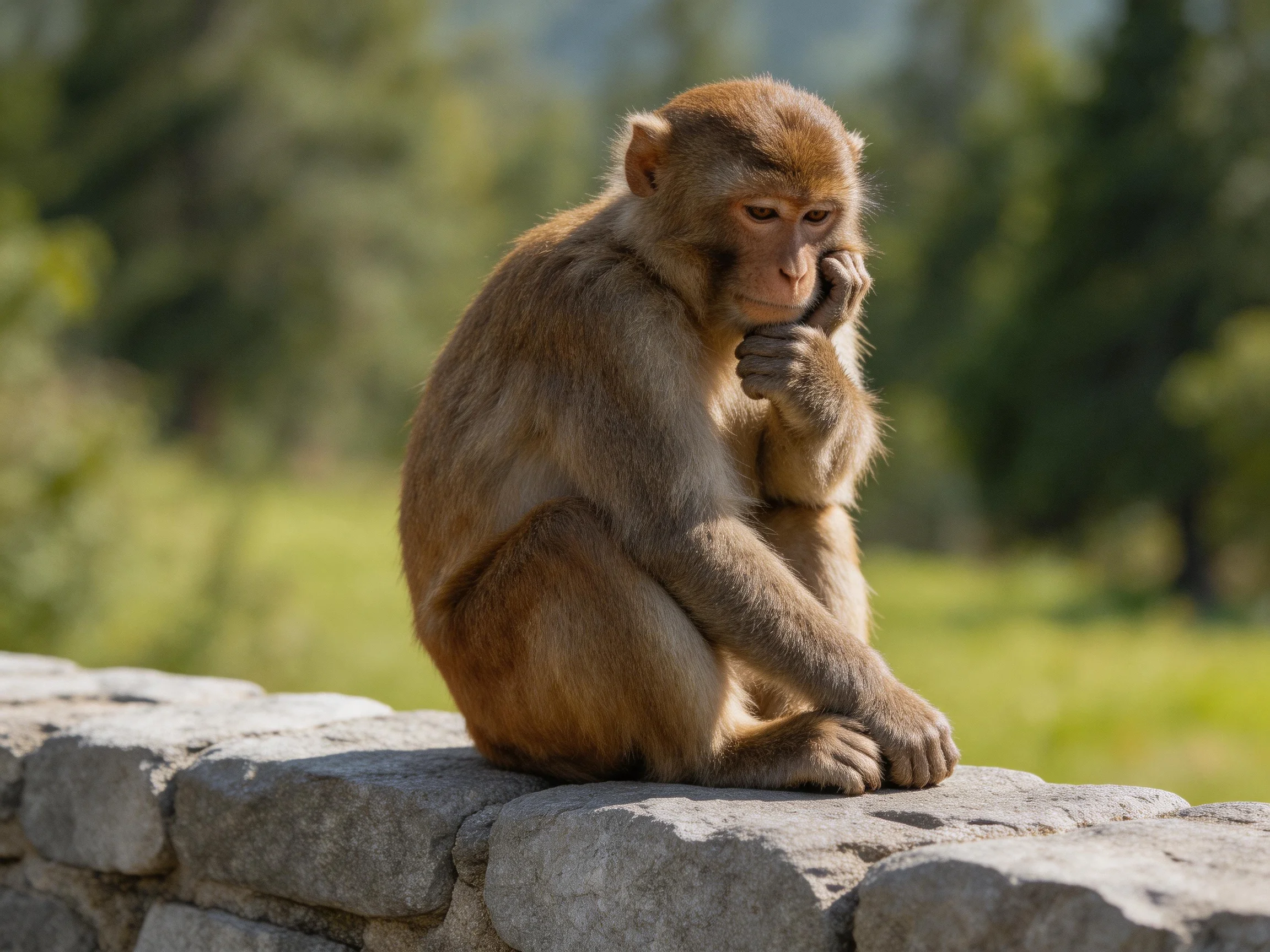 A contemplative brown monkey sits on a gray stone wall in a lush green landscape
