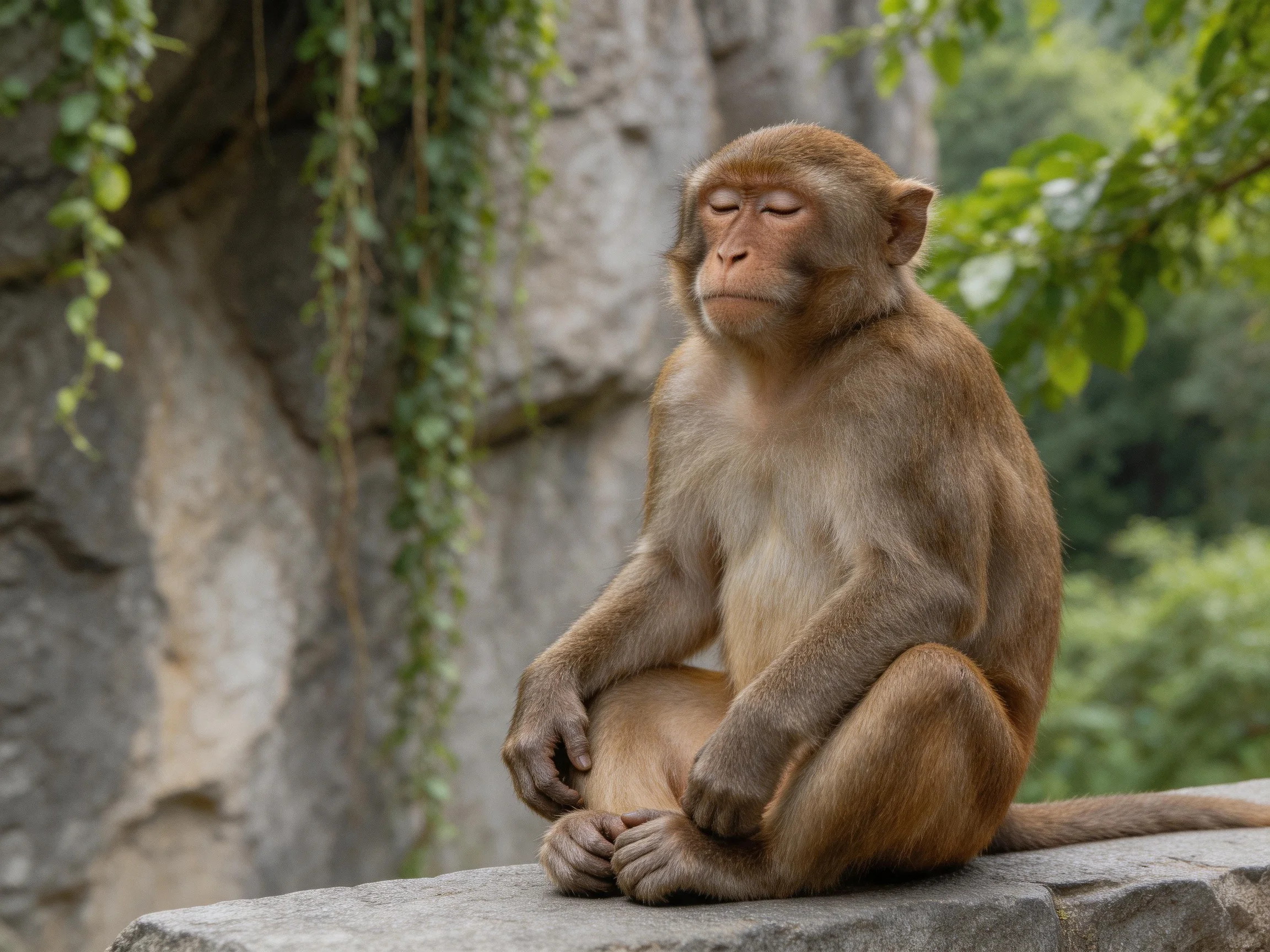 A contemplative brown monkey sits on a stone ledge amid greenery