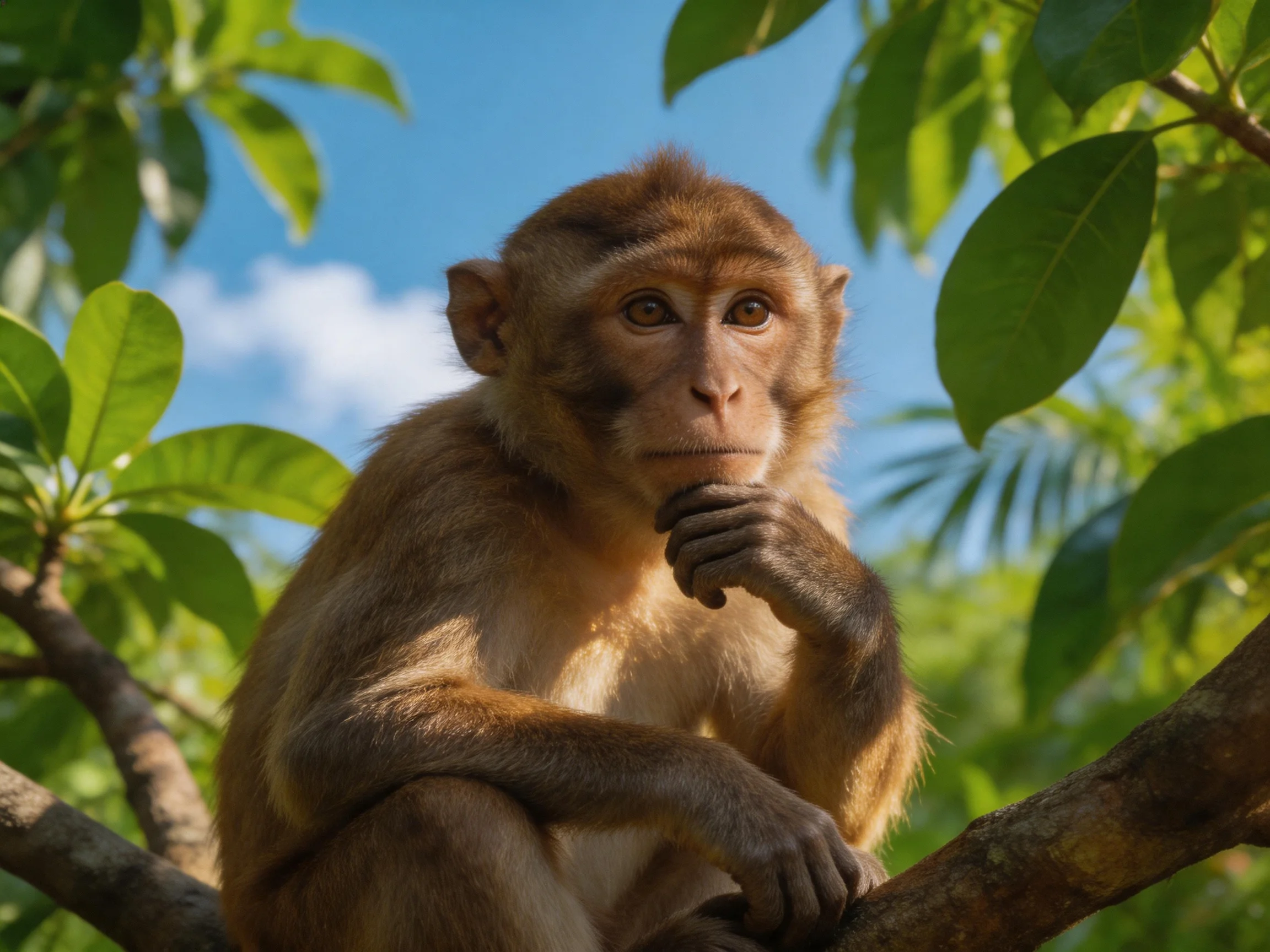 A contemplative brown monkey sits on a tree branch amid lush green foliage
