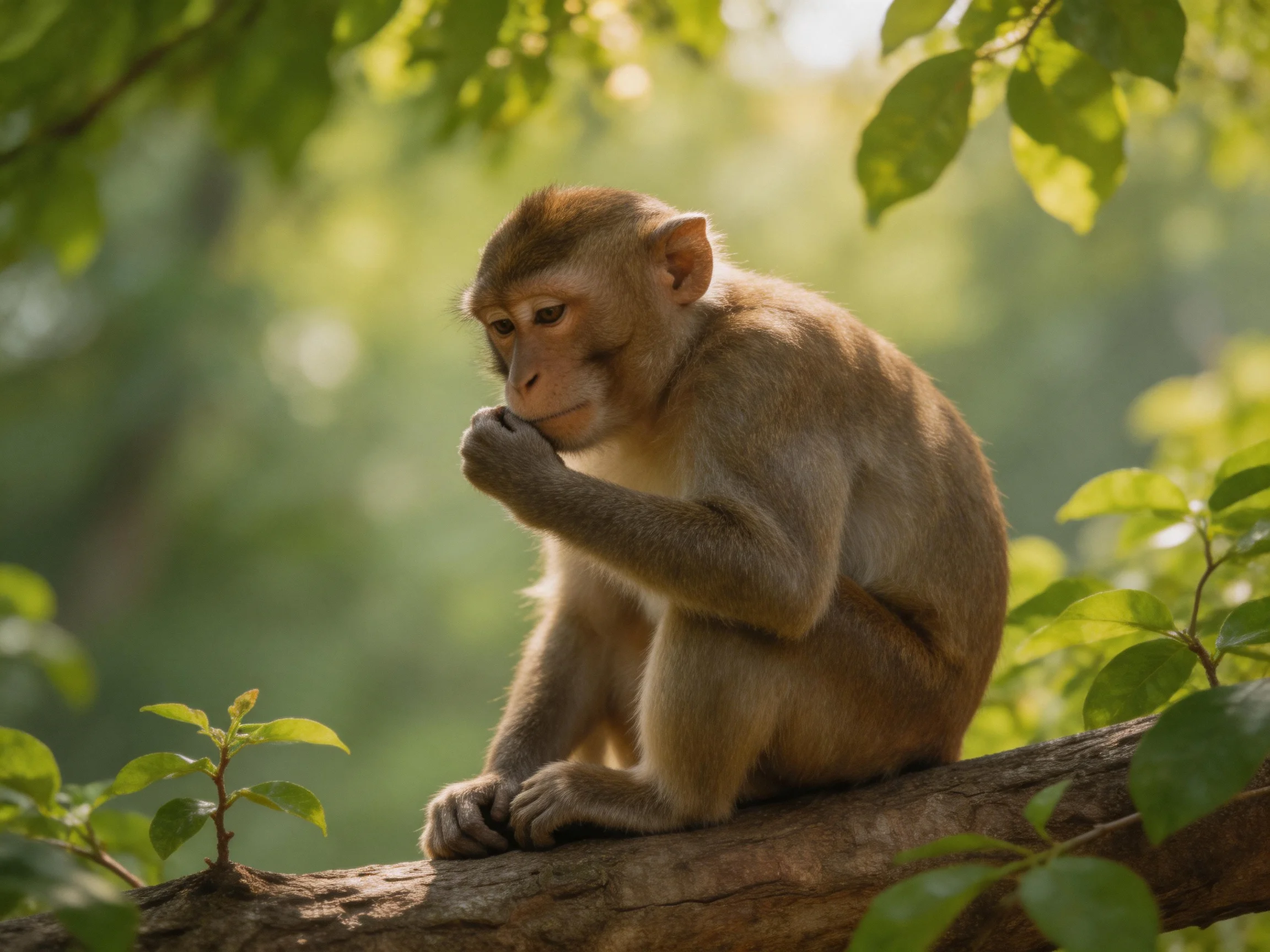 A contemplative brown monkey sits on a tree branch amid lush greenery