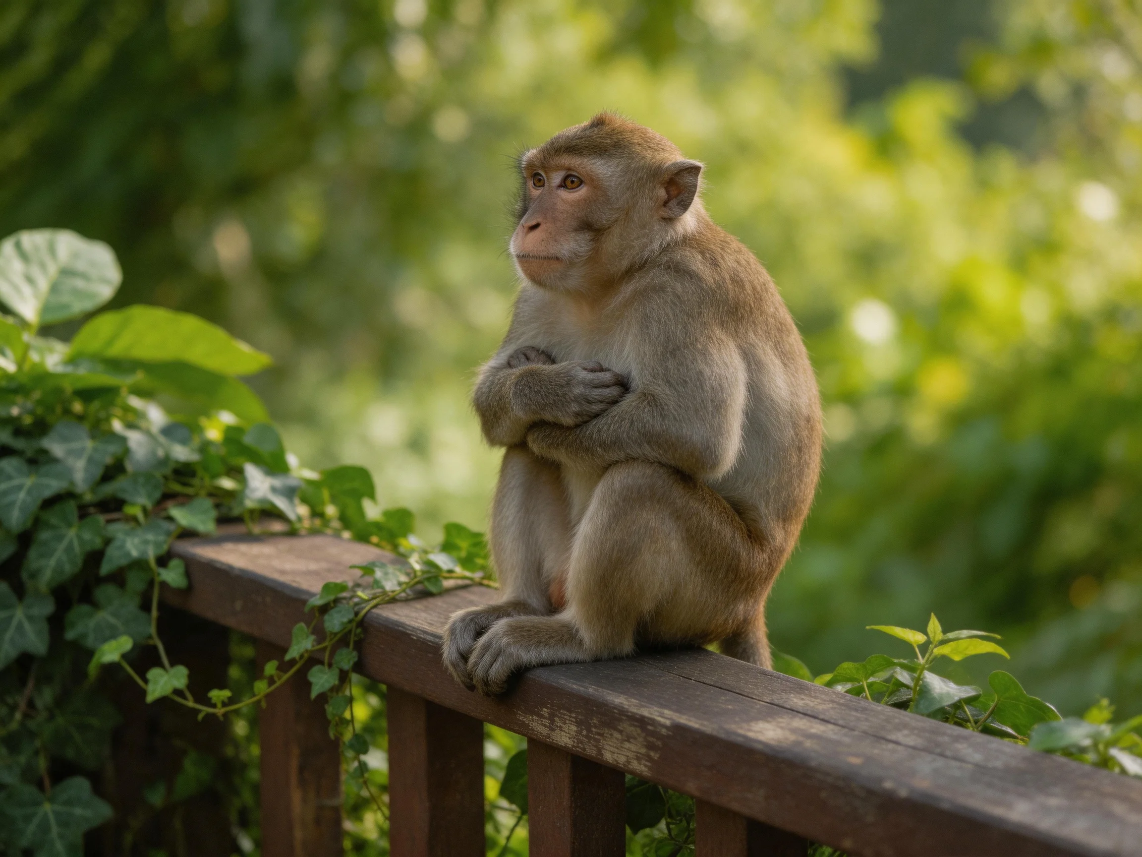 A contemplative brown monkey sits on a wooden railing amid lush green foliage