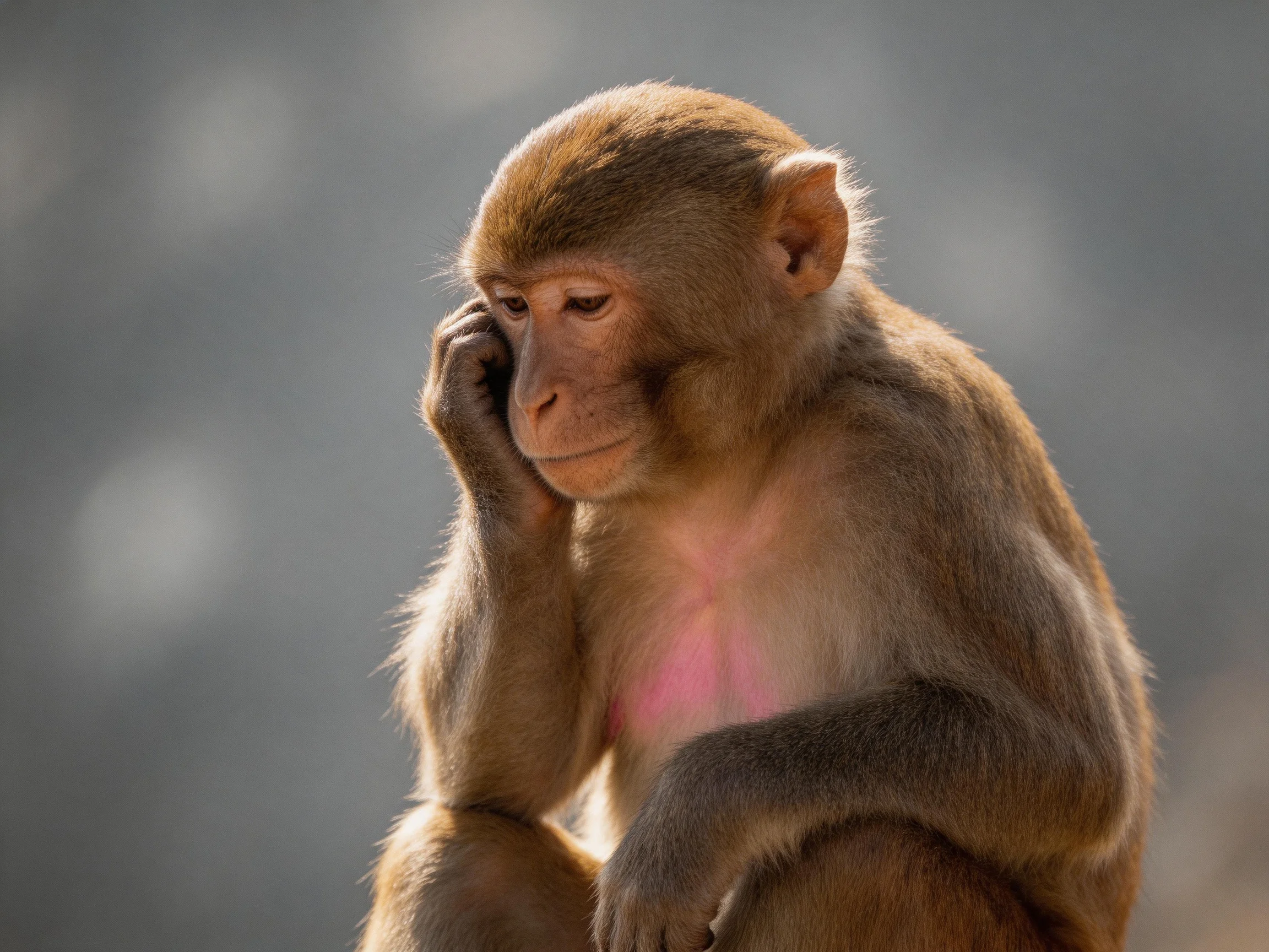 A contemplative brown monkey with pink chest sits thoughtfully