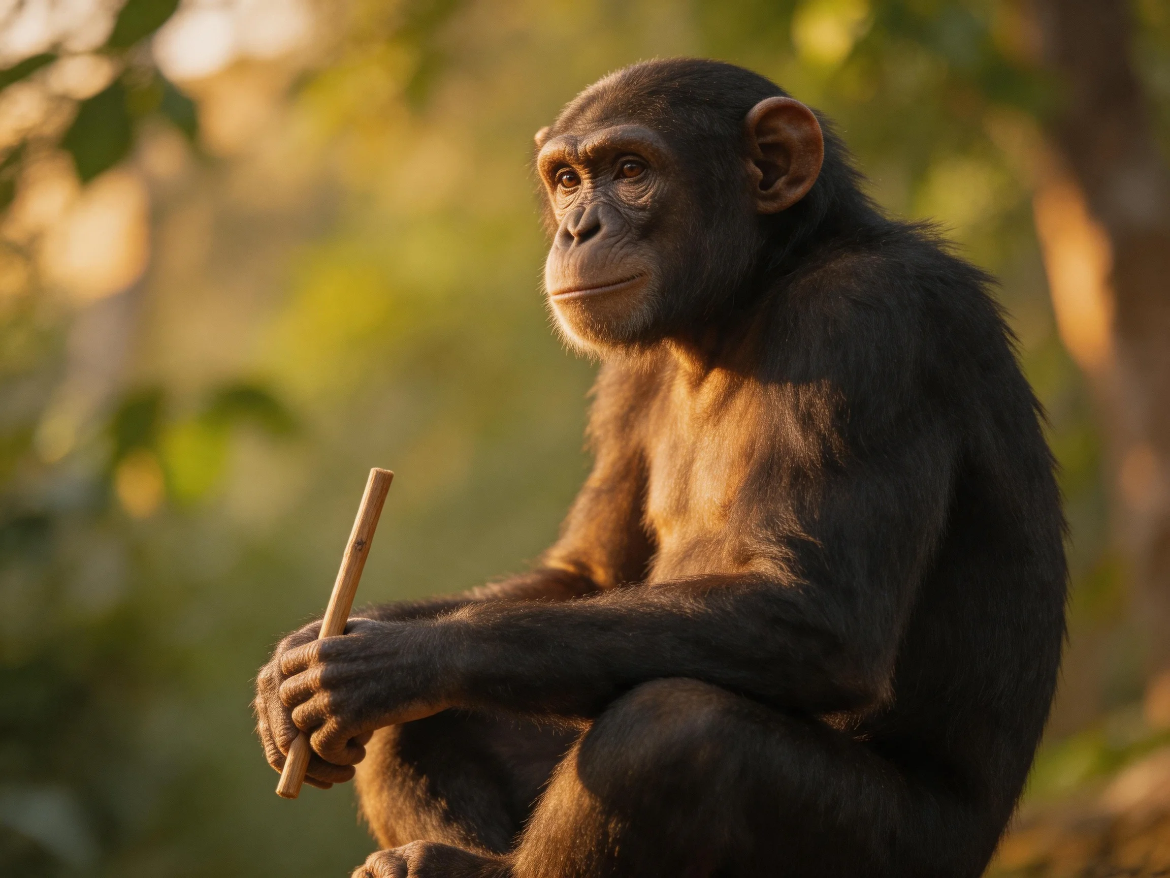 A contemplative chimpanzee holds a stick in a sunlit forest