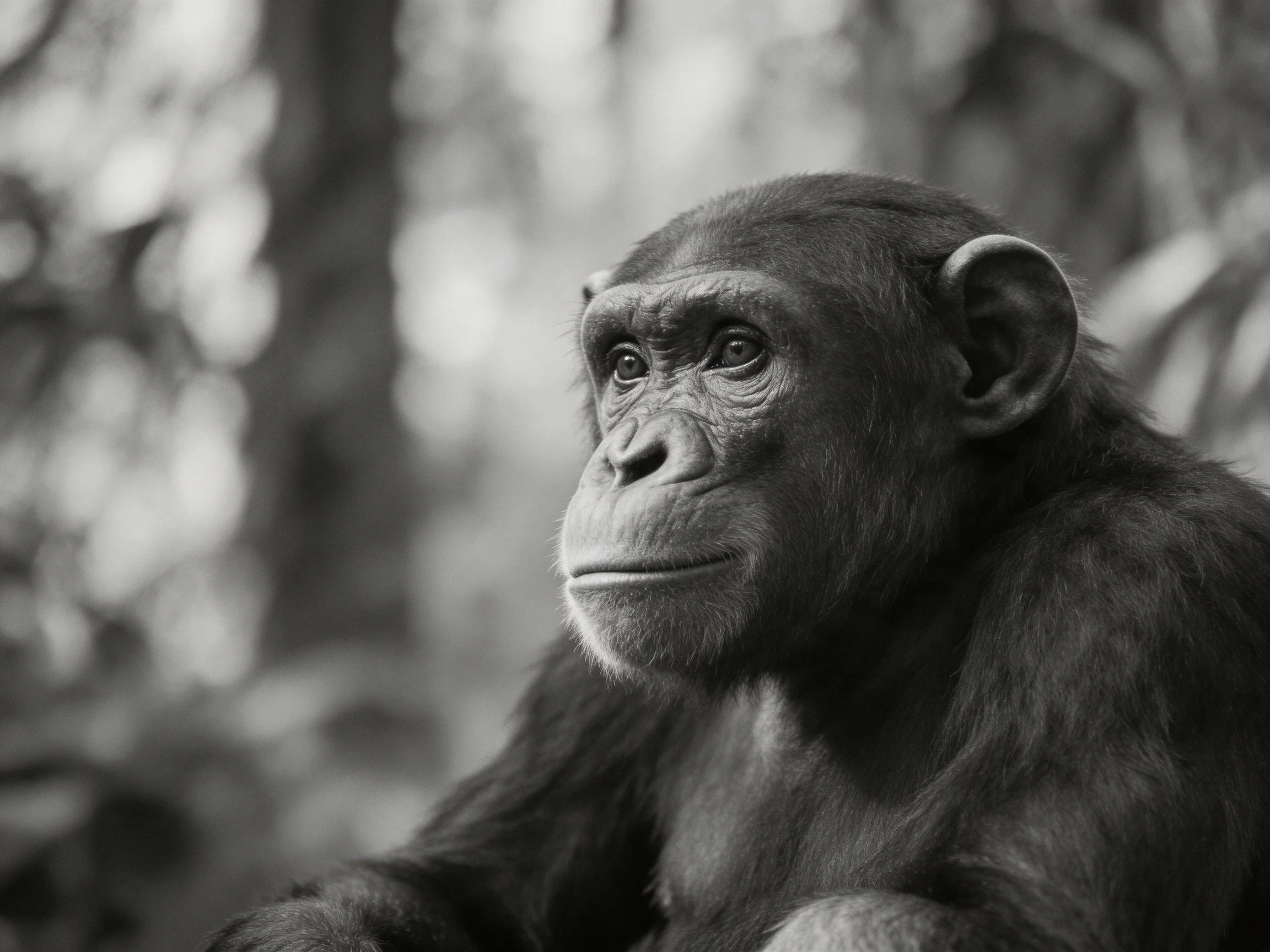 A chimpanzee gazes thoughtfully amid a softly blurred natural environment.