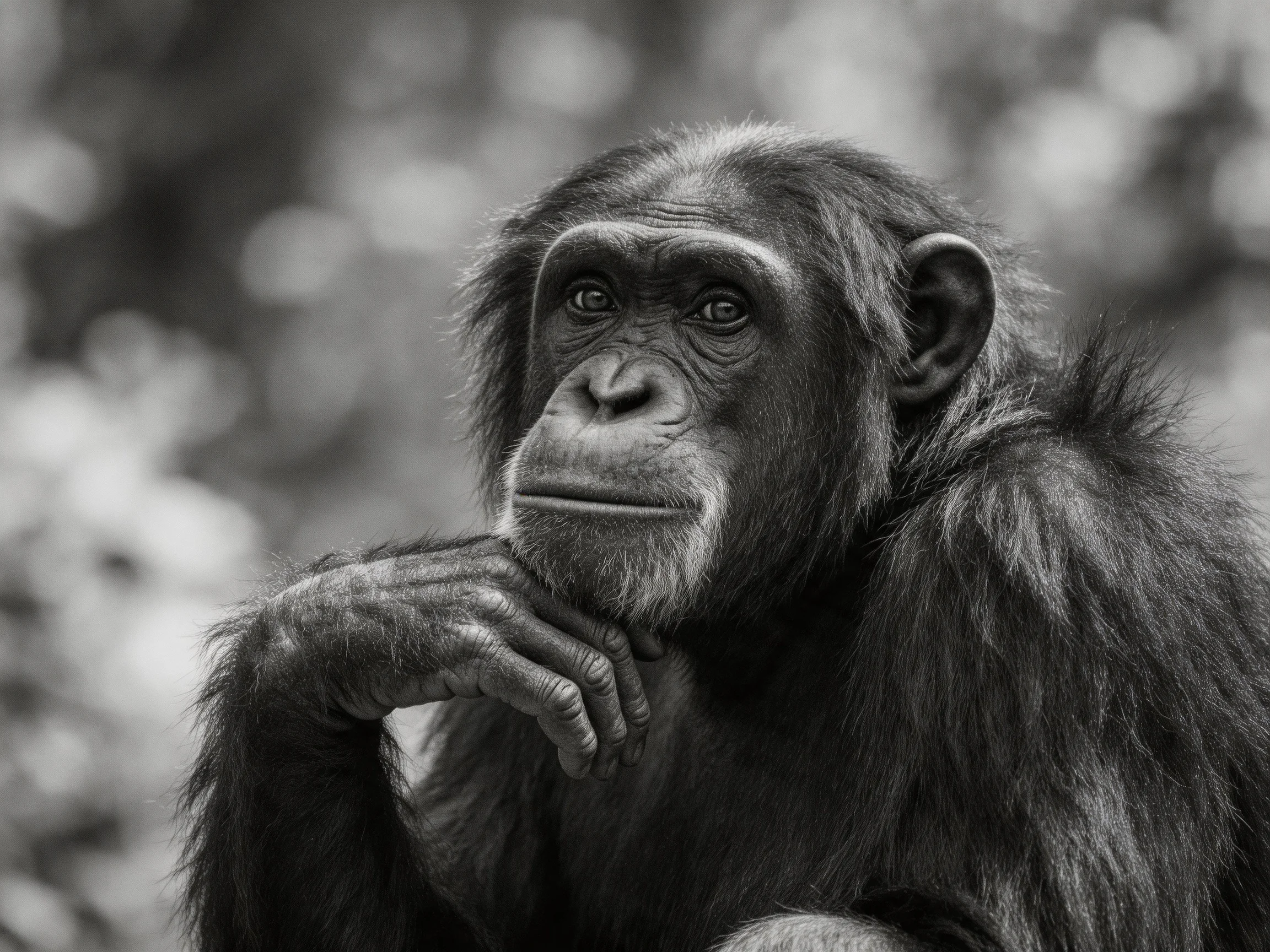 A contemplative chimpanzee in monochrome with textured fur