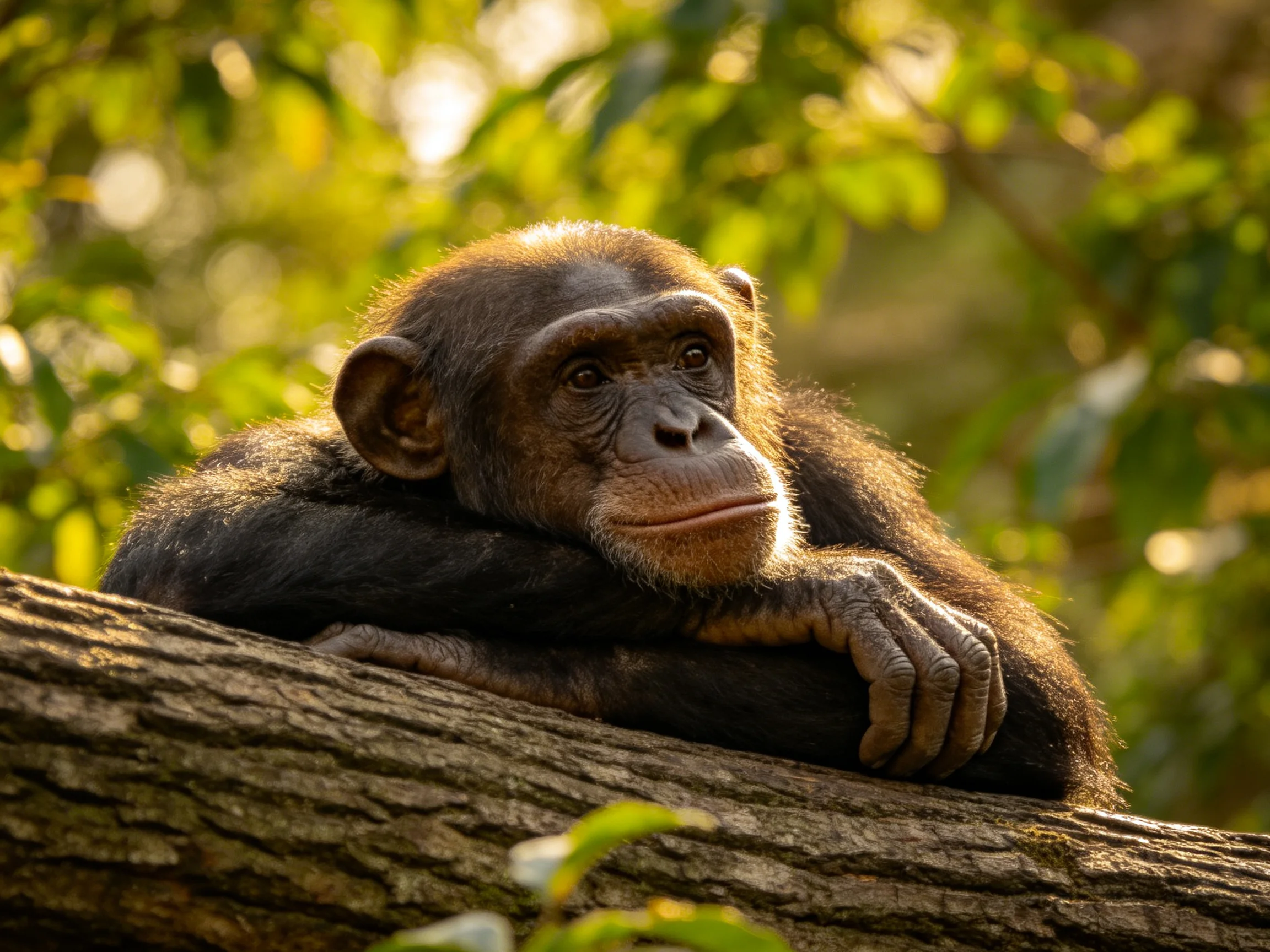 A contemplative chimpanzee rests on a gnarled tree trunk amid lush greenery