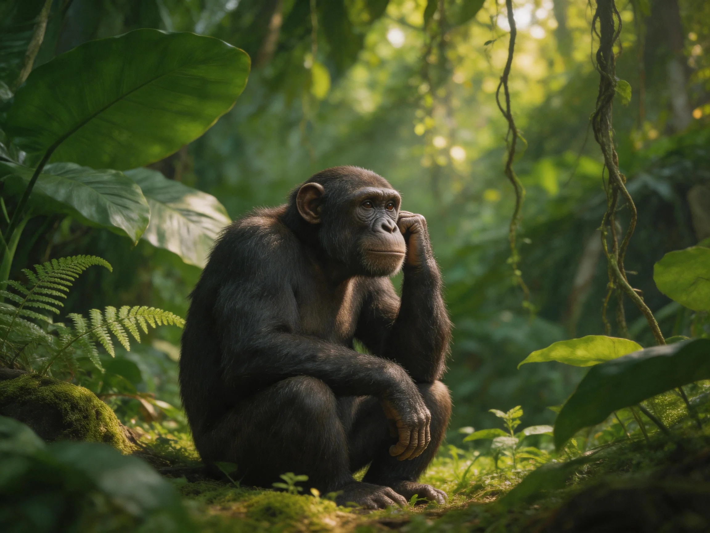 A contemplative chimpanzee sits amid lush, green jungle foliage