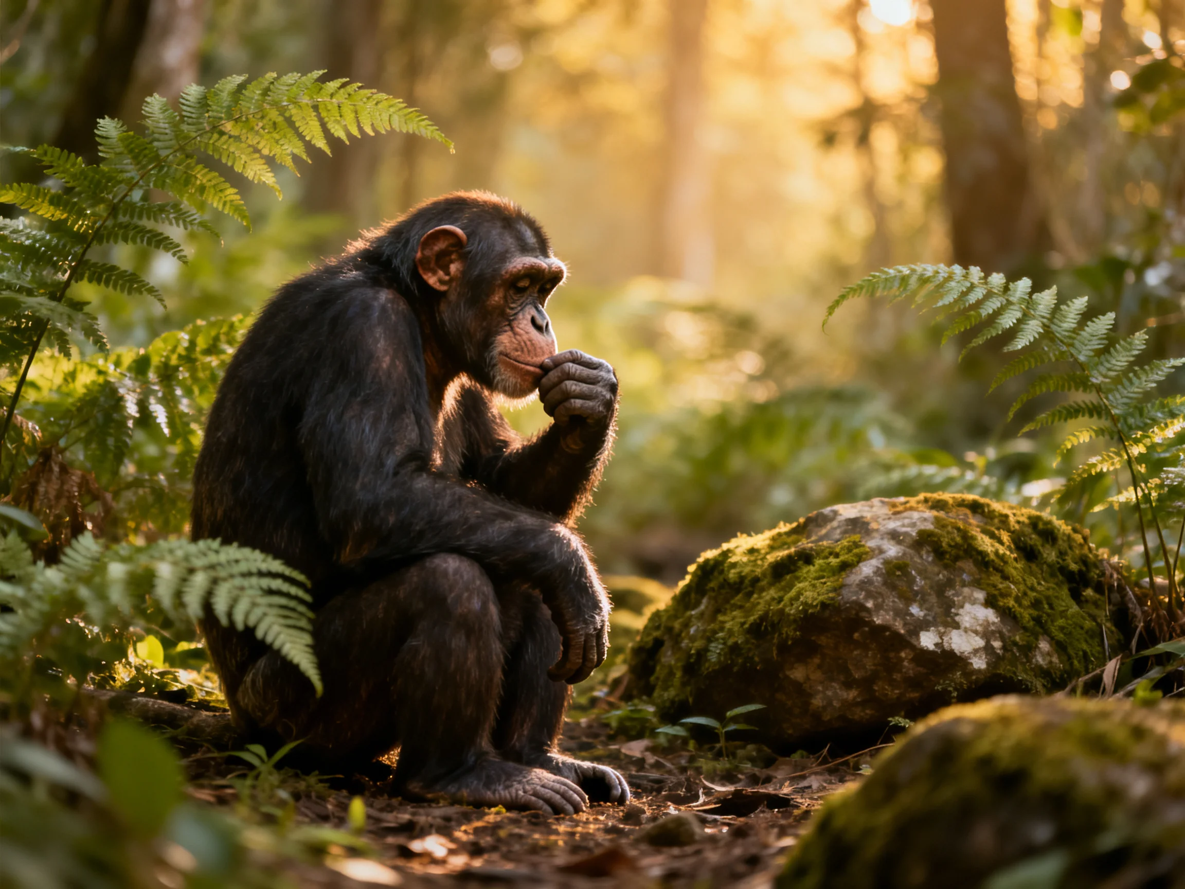 A chimpanzee sits thoughtfully amid ferns and moss-covered rocks in a sunlit forest setting.