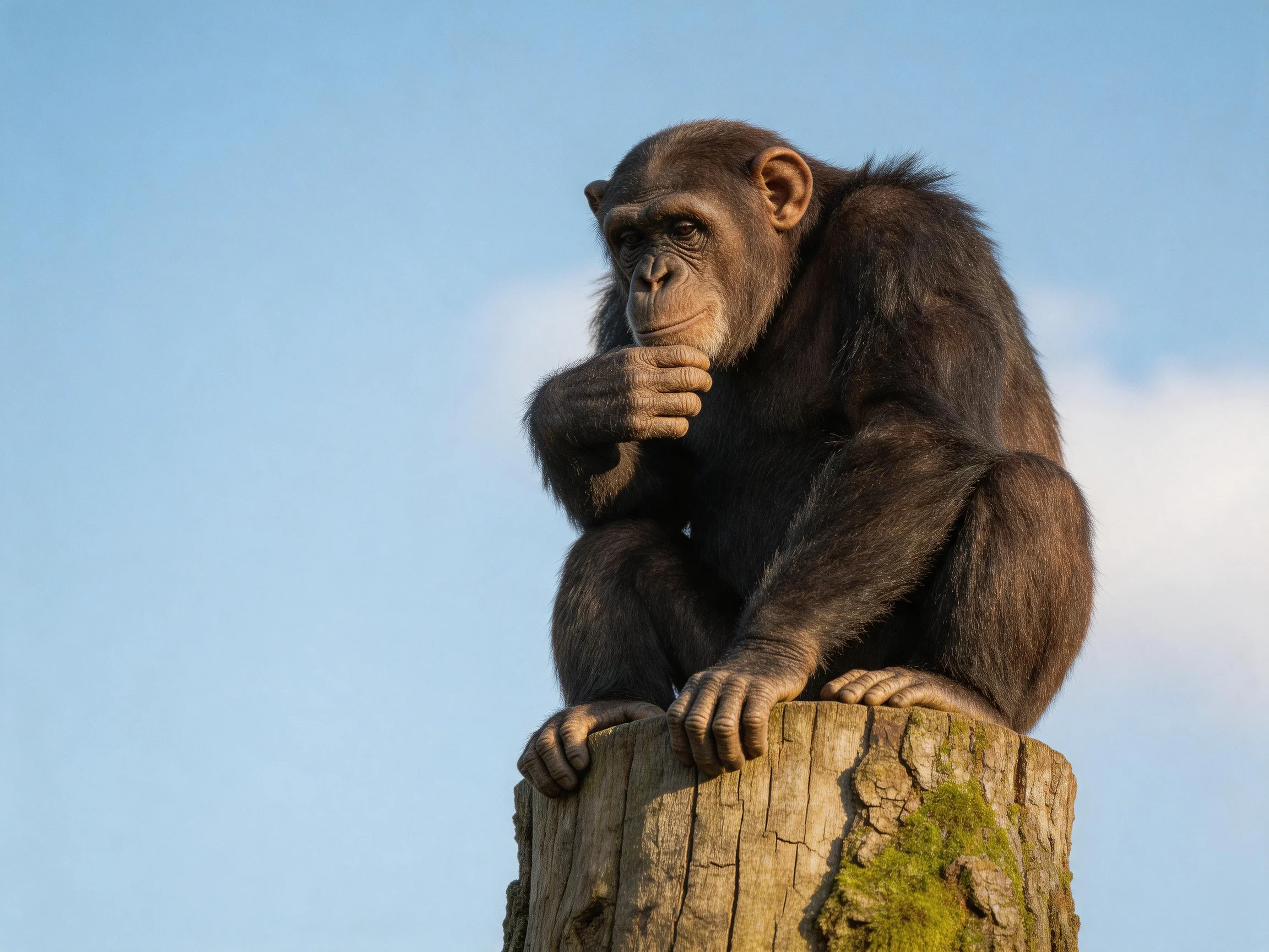 A chimpanzee sits thoughtfully on a weathered tree stump outdoors.